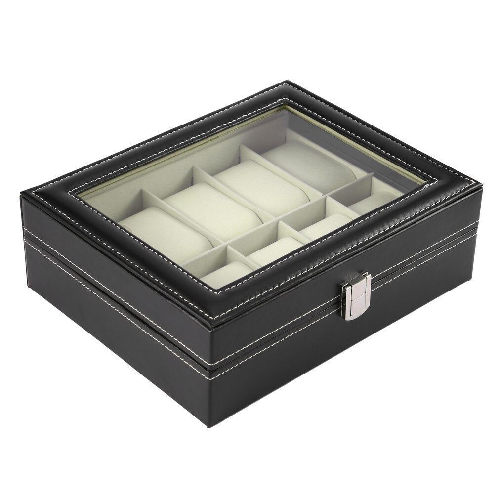 10 Slot Watch Display Grid Box Lockable Case Faux Leather Jewelry Storage Organiser