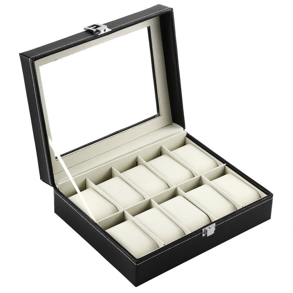 10 Slot Watch Display Grid Box Lockable Case Faux Leather Jewelry Storage Organiser