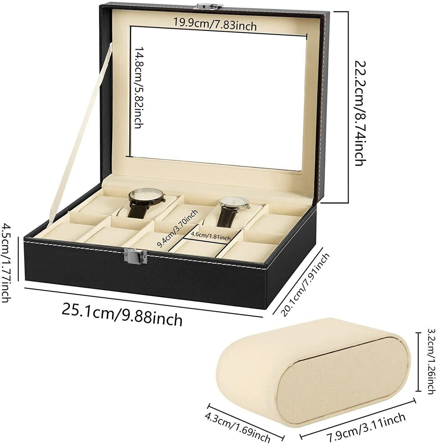 10 Slot Watch Display Grid Box Lockable Case Faux Leather Jewelry Storage Organiser