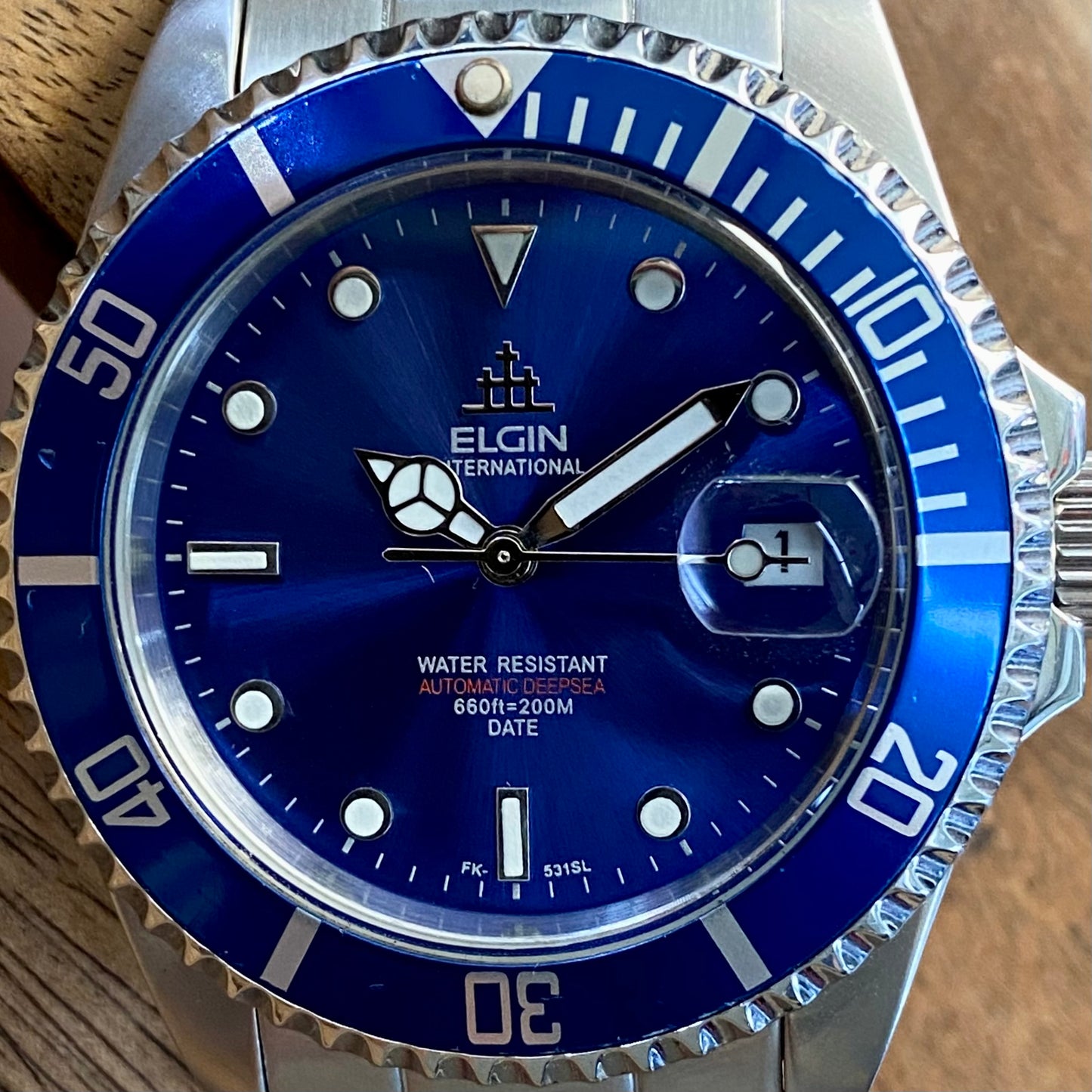 COMING SOON! SERVICED Vintage May 1990 Elgin Treasure International Deep Sea FK-531N-SL Blue Automatic Diving Watch Rotating Bezel and Original Bracelet - PRE-ORDER NOW!