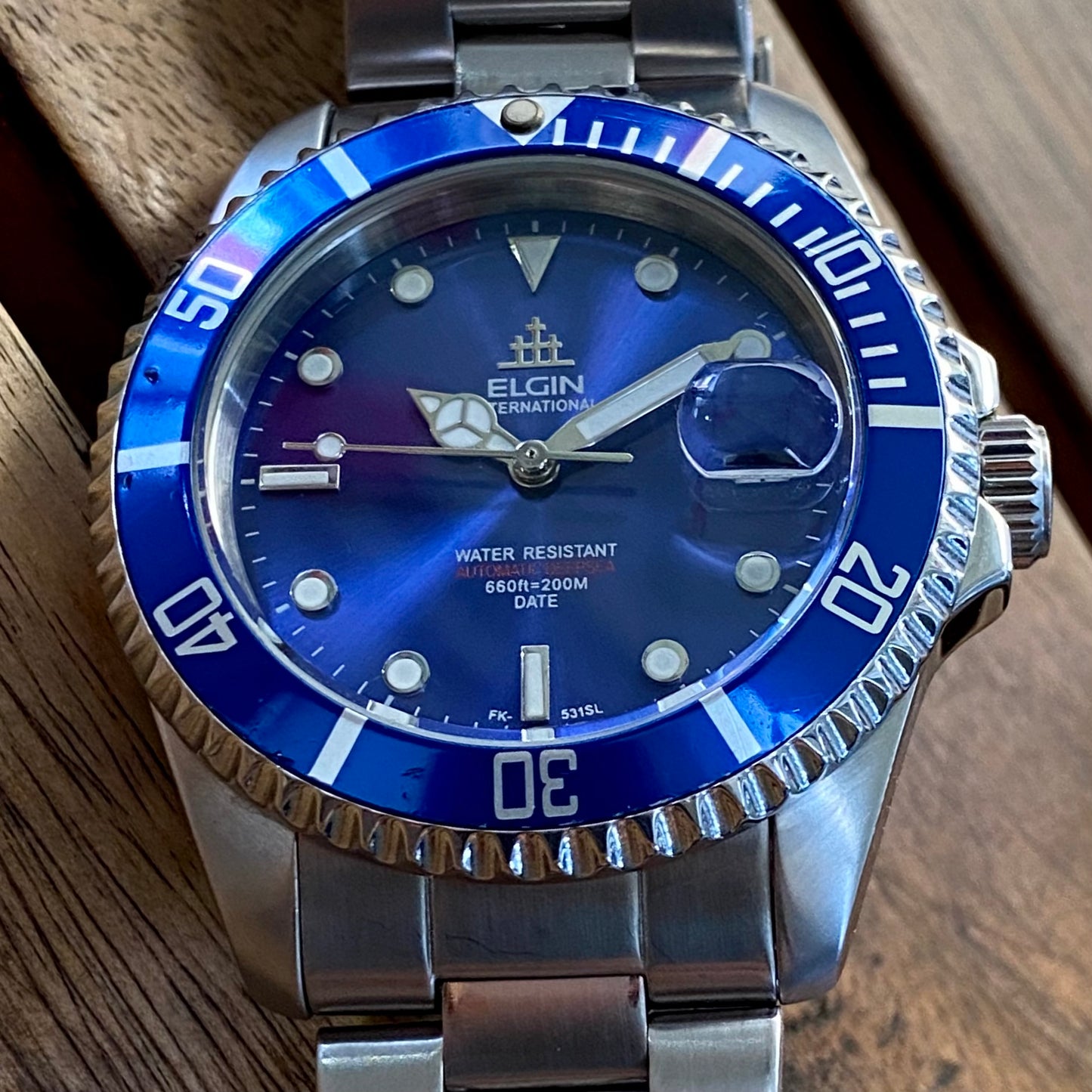 COMING SOON! SERVICED Vintage May 1990 Elgin Treasure International Deep Sea FK-531N-SL Blue Automatic Diving Watch Rotating Bezel and Original Bracelet - PRE-ORDER NOW!