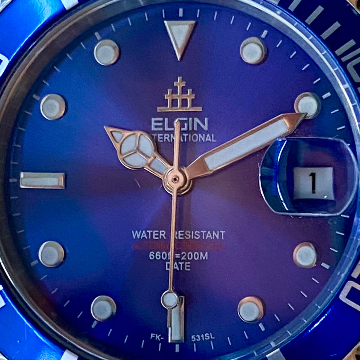 COMING SOON! SERVICED Vintage May 1990 Elgin Treasure International Deep Sea FK-531N-SL Blue Automatic Diving Watch Rotating Bezel and Original Bracelet - PRE-ORDER NOW!