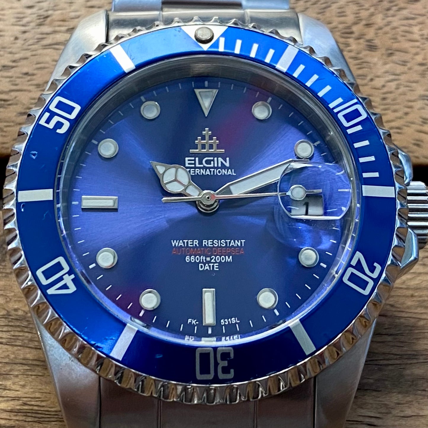 COMING SOON! SERVICED Vintage May 1990 Elgin Treasure International Deep Sea FK-531N-SL Blue Automatic Diving Watch Rotating Bezel and Original Bracelet - PRE-ORDER NOW!
