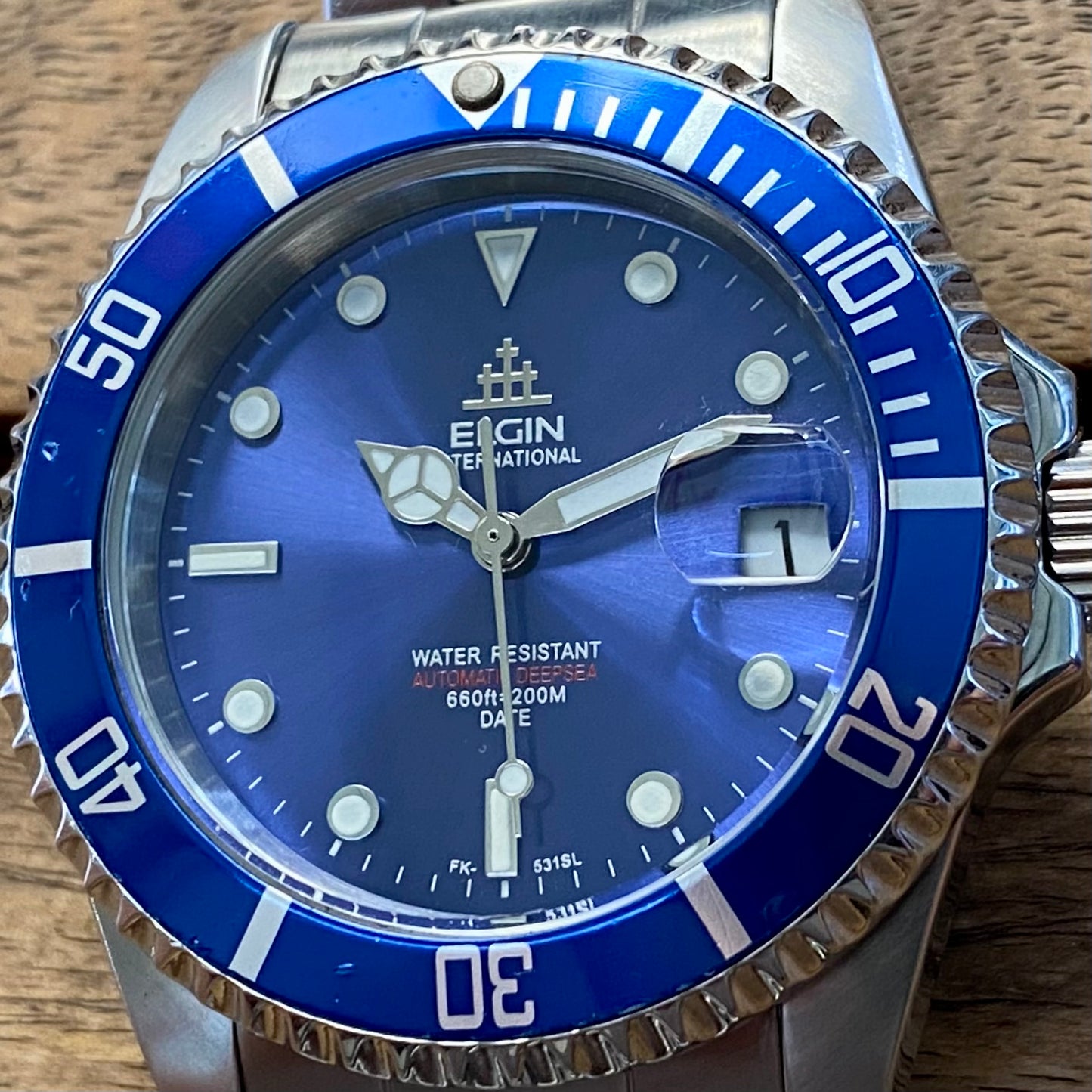 COMING SOON! SERVICED Vintage May 1990 Elgin Treasure International Deep Sea FK-531N-SL Blue Automatic Diving Watch Rotating Bezel and Original Bracelet - PRE-ORDER NOW!