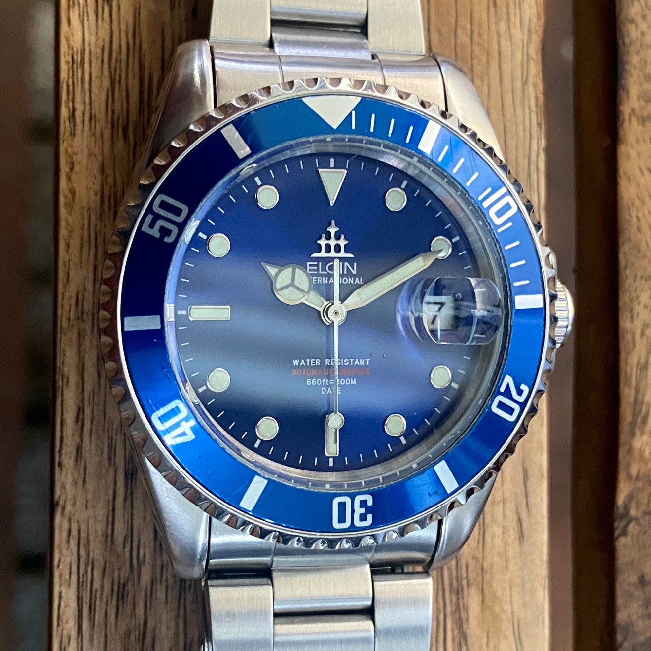 Vintage Elgin FL-531N-SL Blue, SERVICED Auto, September 1990 UK VINTAGE WATCH LTD