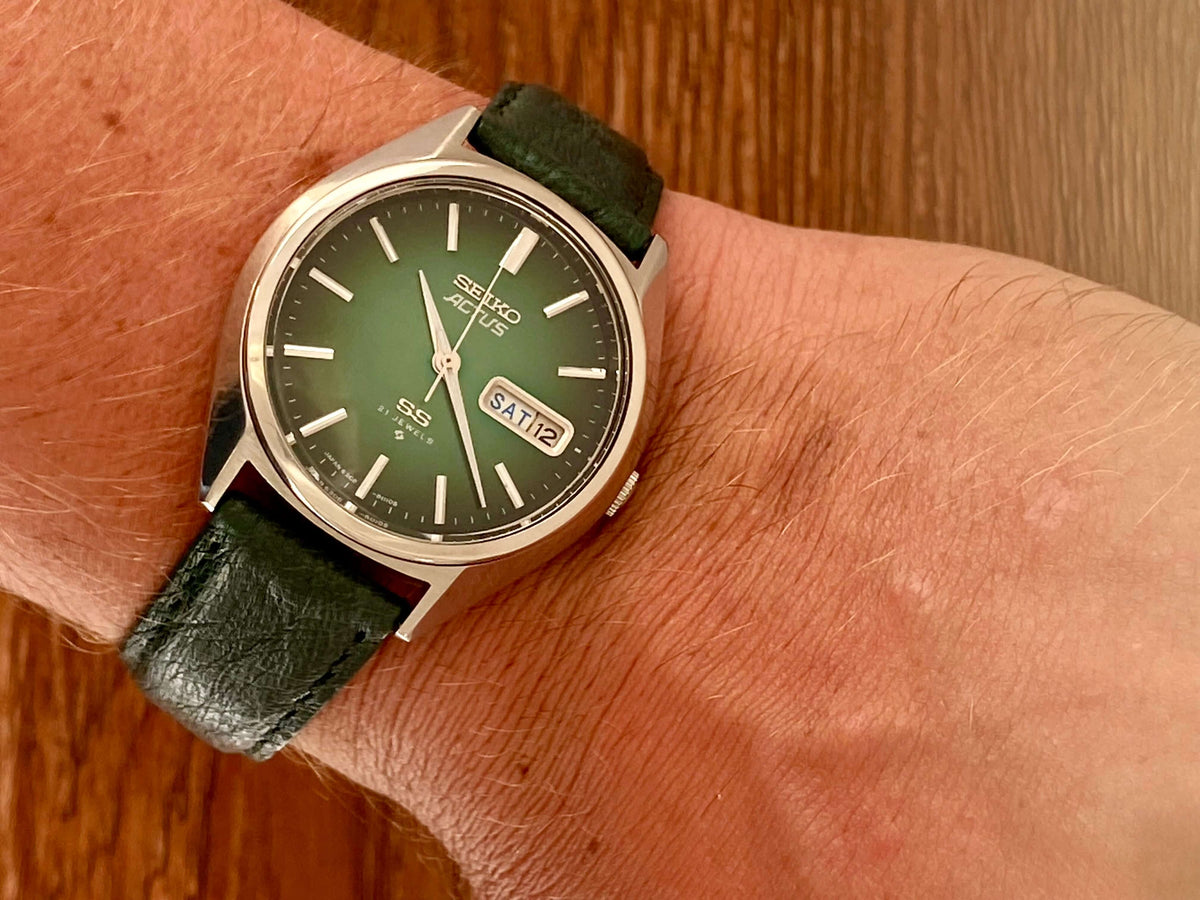 Vintage Seiko Actus SS 6306-8020 SERVICED Auto, Green, October 1976 UK VINTAGE WATCH LTD