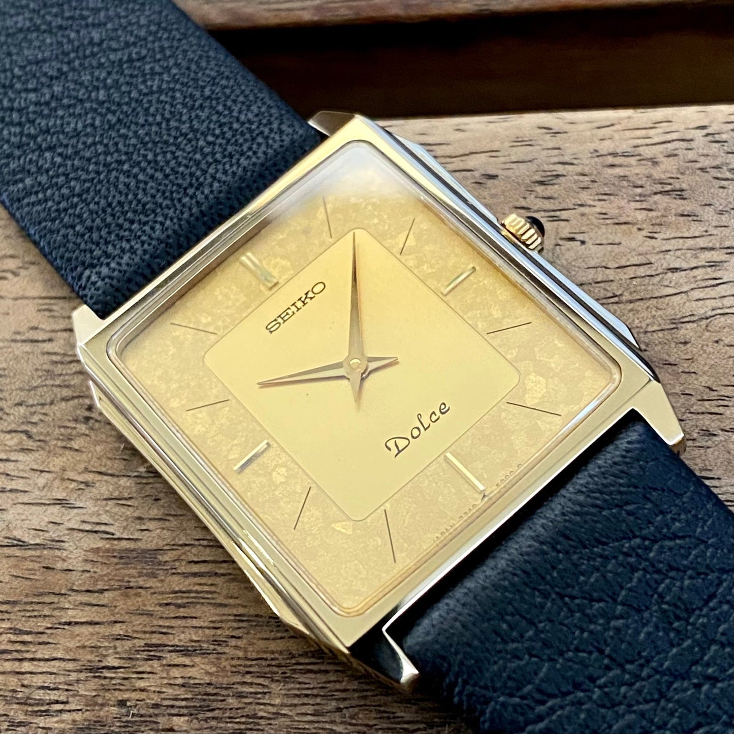 RARE Vintage April 1987 Seiko Quartz 7740-5000 Double Square Gold Flake Dial - Nickel Alloy case with Black Calf Leather Strap UK VINTAGE WATCH LTD