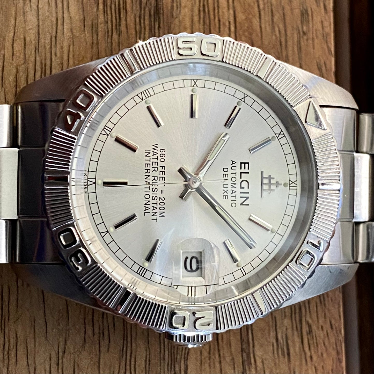 SERVICED Elgin Deluxe International FK-1135-F Automatic Diving Watch Rotating Bezel 39mm x 44mm