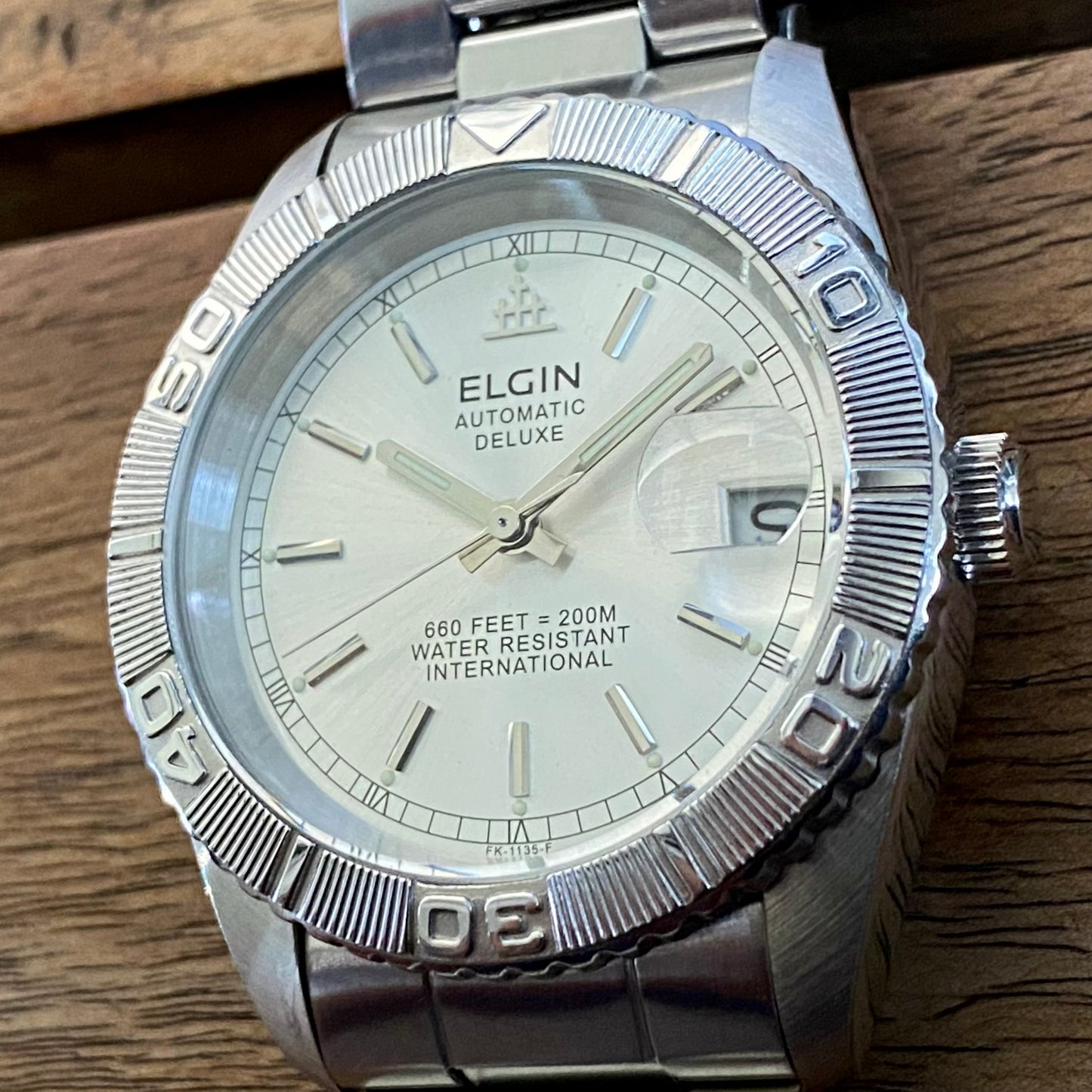 SERVICED Elgin Deluxe International FK-1135-F Automatic Diving Watch Rotating Bezel 39mm x 44mm