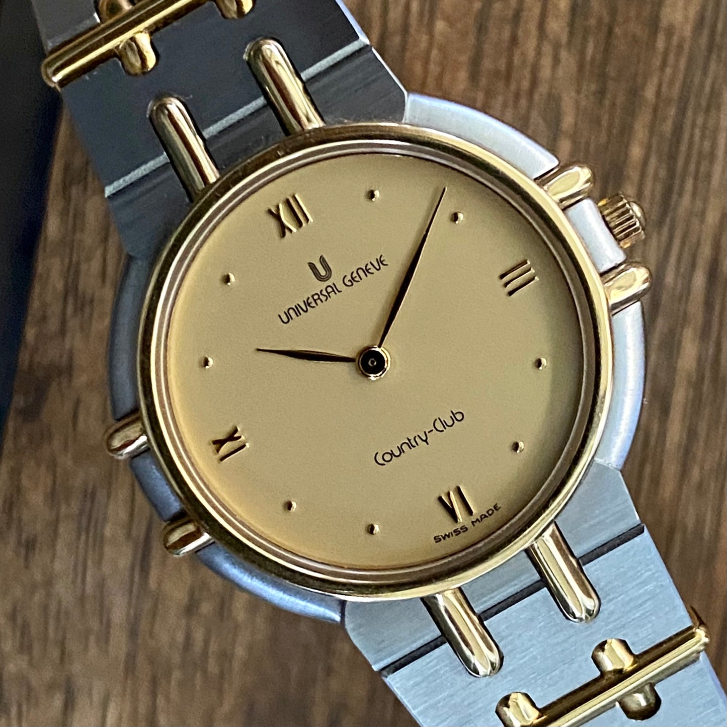 ABSURDLY RARE Vintage 1989 Universal Geneve 617 601 Country Club Quartz Steel & Gold 14K or Limited Edition