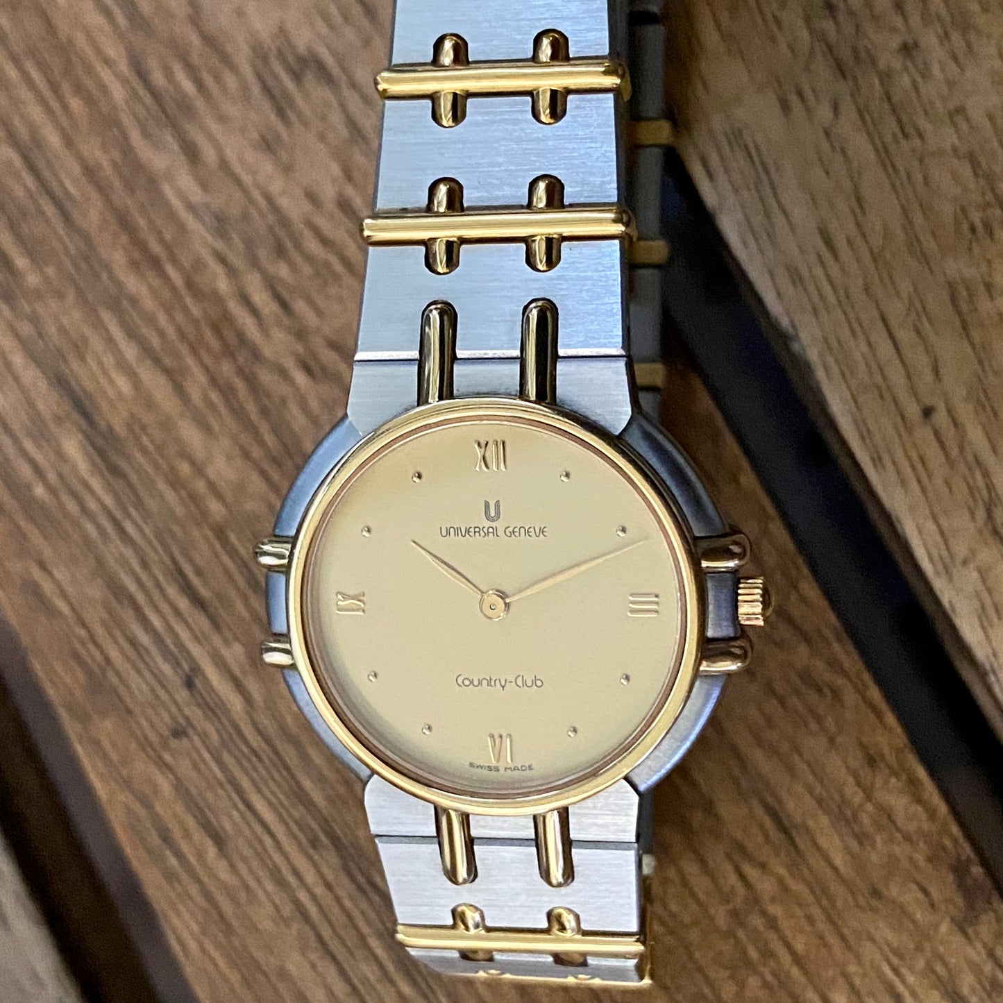ABSURDLY RARE Vintage 1989 Universal Geneve 617 601 Country Club Quartz Steel & Gold 14K or Limited Edition
