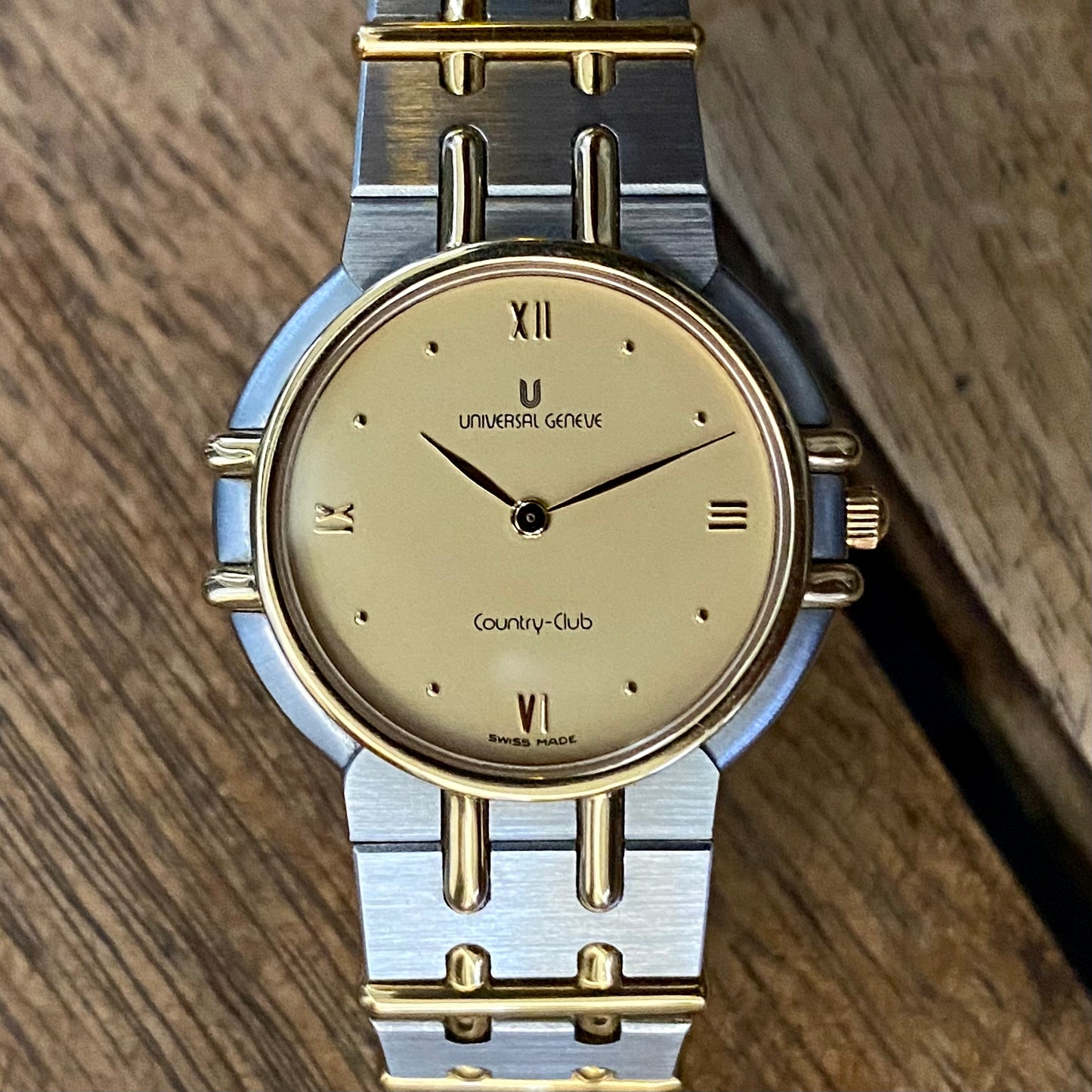 ABSURDLY RARE Vintage 1989 Universal Geneve 617 601 Country Club Quartz Steel & Gold 14K or Limited Edition