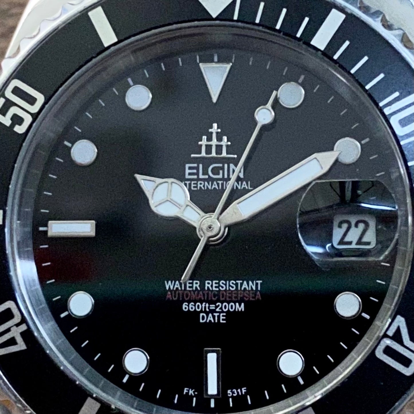 SERVICED Elgin Treasure International Deep Sea FK-531-F Automatic Diving Watch Rotating Bezel 42.3mm x 47mm