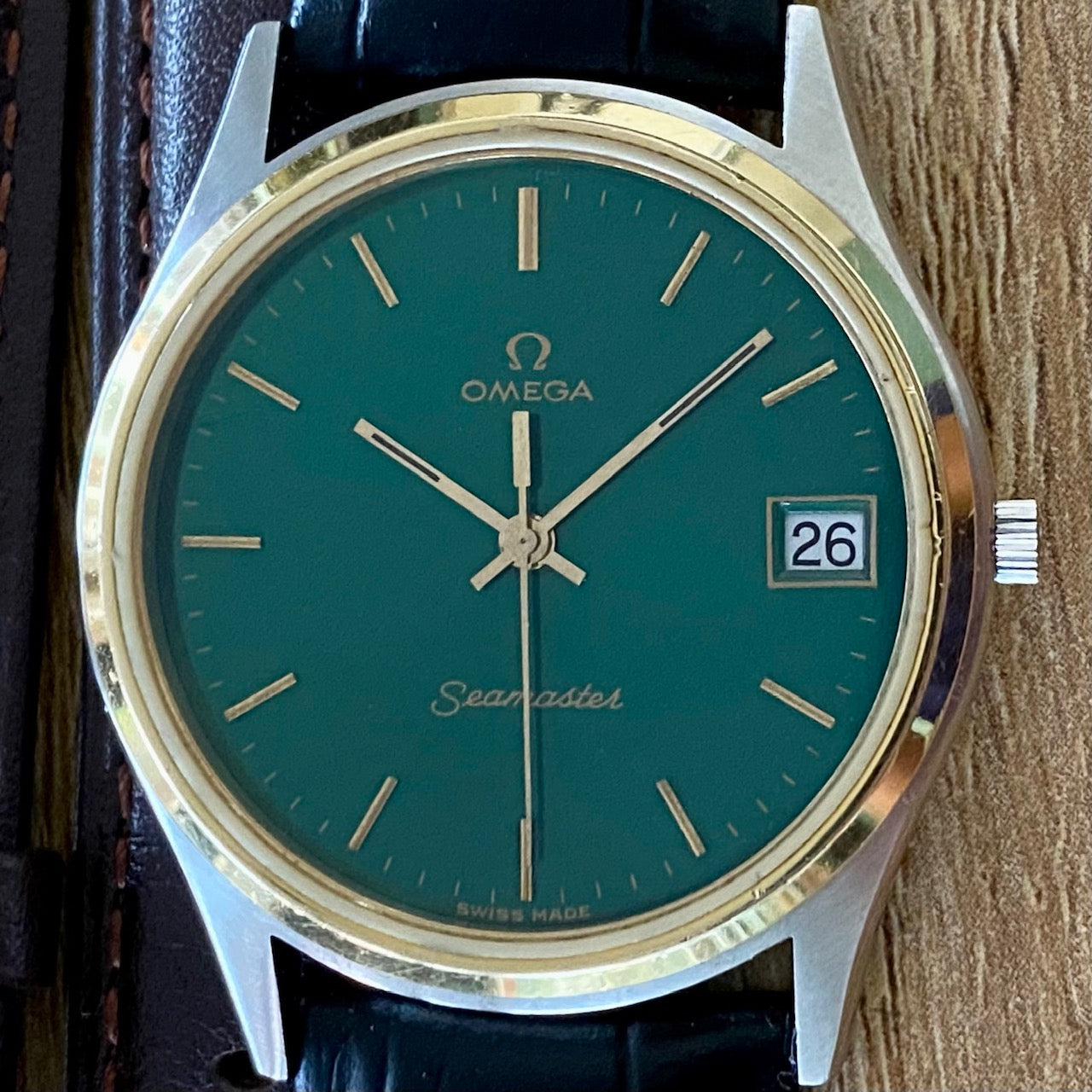 COMING SOON! SERVICED Vintage 1980s Omega Seamaster Quartz Cal 1332 Ref. 196.0216 - Custom Hand Painted Green Dial with Gold Bezel