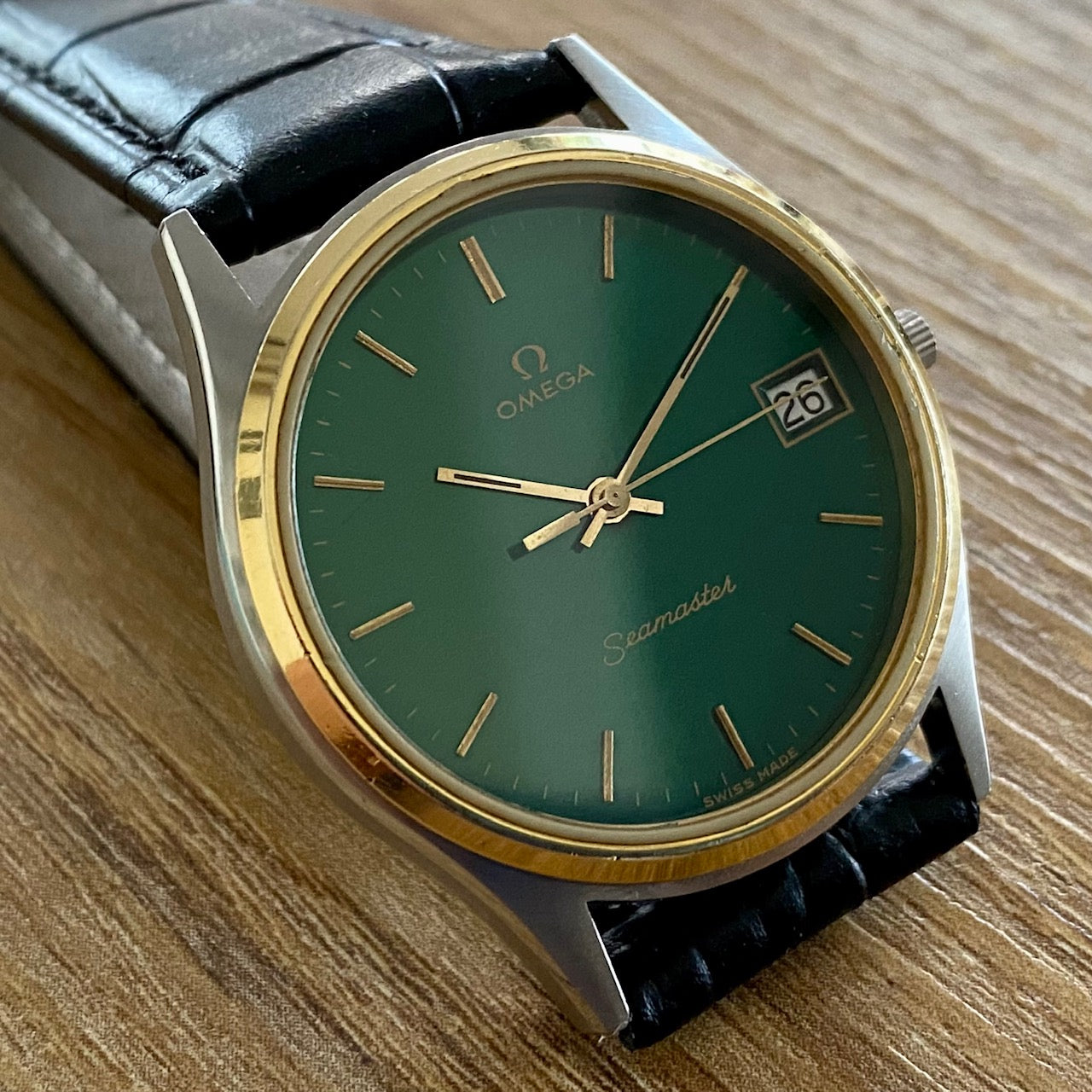 COMING SOON! SERVICED Vintage 1980s Omega Seamaster Quartz Cal 1332 Ref. 196.0216 - Custom Hand Painted Green Dial with Gold Bezel