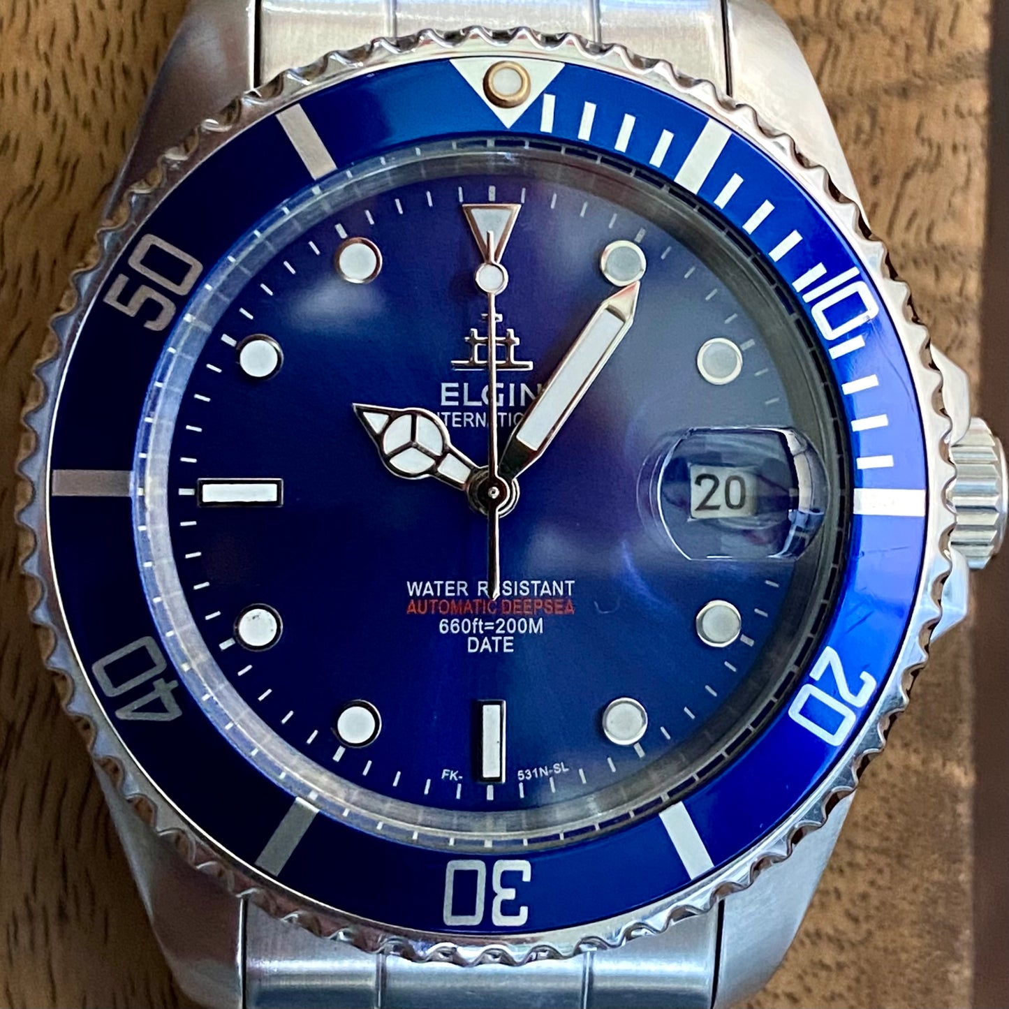 COMING SOON! SERVICED Vintage March 1991 Elgin Treasure International Deep Sea FK-531N-SL Blue Automatic Diving Watch Rotating Bezel and Original Bracelet