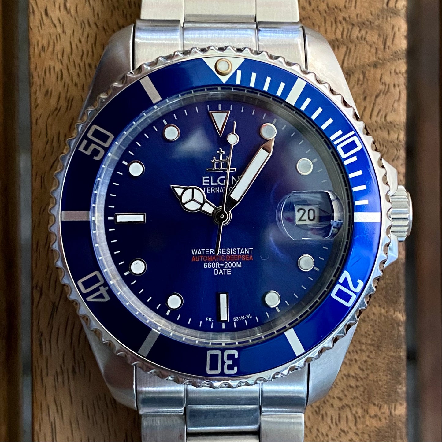 COMING SOON! SERVICED Vintage March 1991 Elgin Treasure International Deep Sea FK-531N-SL Blue Automatic Diving Watch Rotating Bezel and Original Bracelet