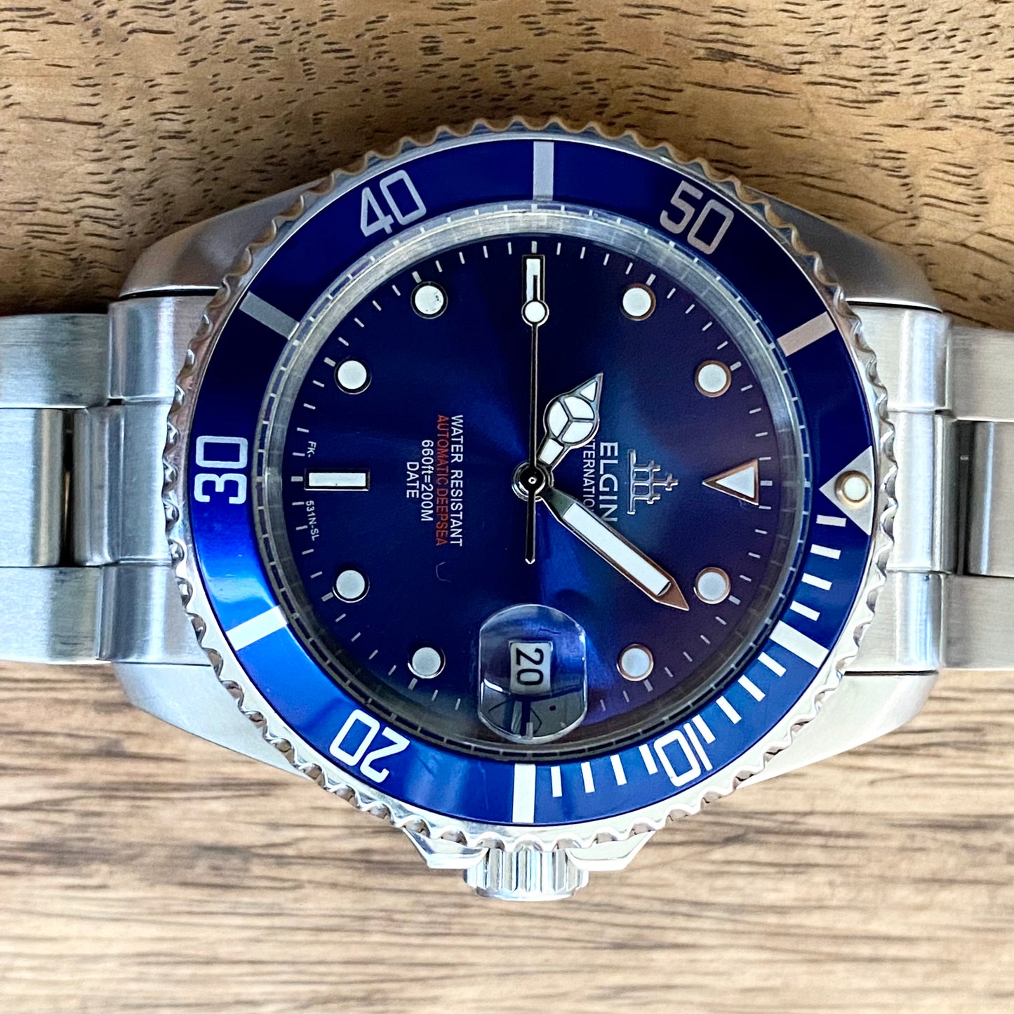 COMING SOON! SERVICED Vintage March 1991 Elgin Treasure International Deep Sea FK-531N-SL Blue Automatic Diving Watch Rotating Bezel and Original Bracelet
