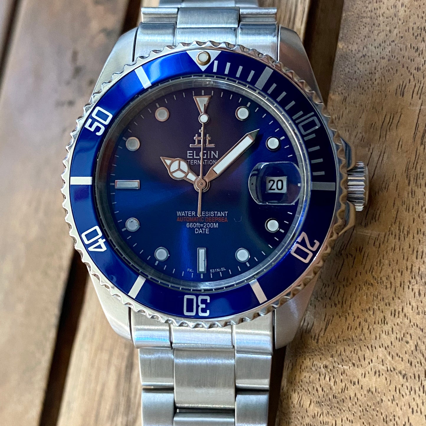 COMING SOON! SERVICED Vintage March 1991 Elgin Treasure International Deep Sea FK-531N-SL Blue Automatic Diving Watch Rotating Bezel and Original Bracelet