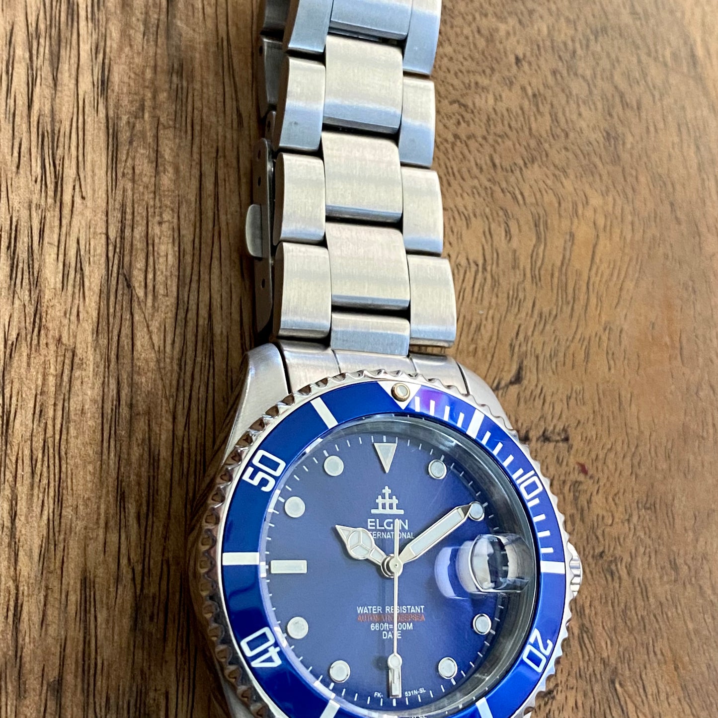 COMING SOON! SERVICED Vintage March 1991 Elgin Treasure International Deep Sea FK-531N-SL Blue Automatic Diving Watch Rotating Bezel and Original Bracelet