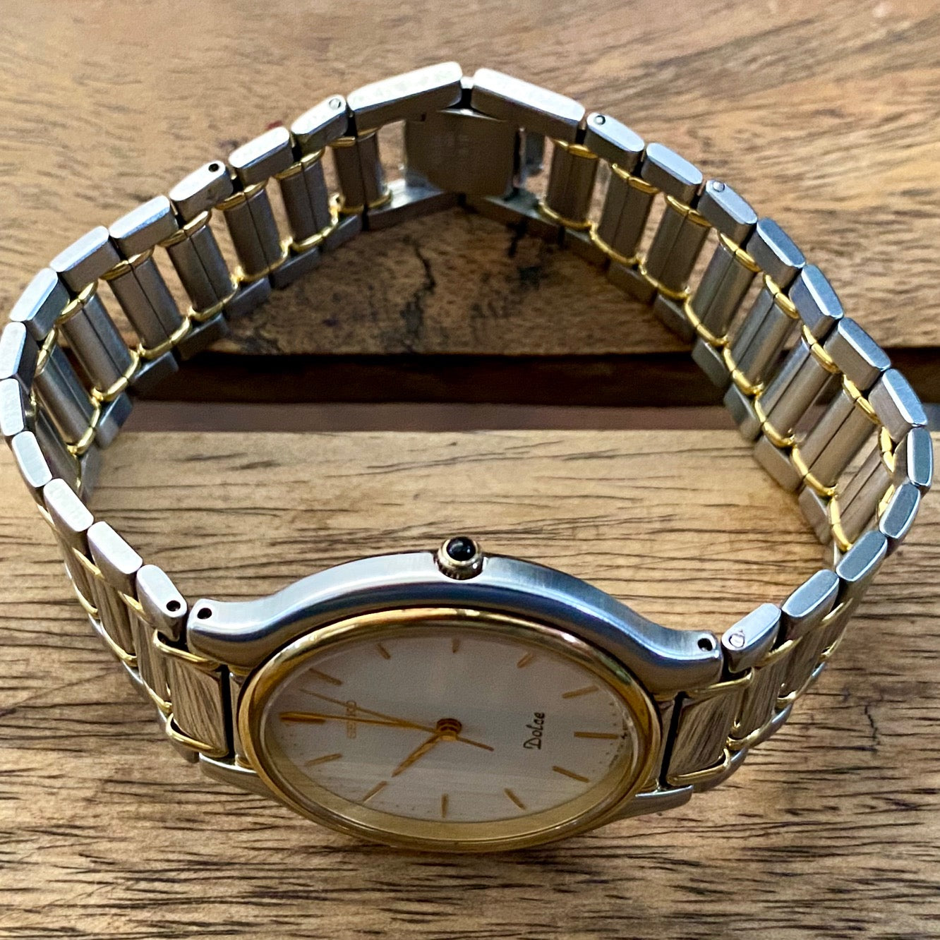 COMING SOON! Vintage June 1997 Seiko Dolce Quartz 7741-6050 2-Tone Tank with Ladder Bracelet and Black Sapphire Crown - Pre-order now!