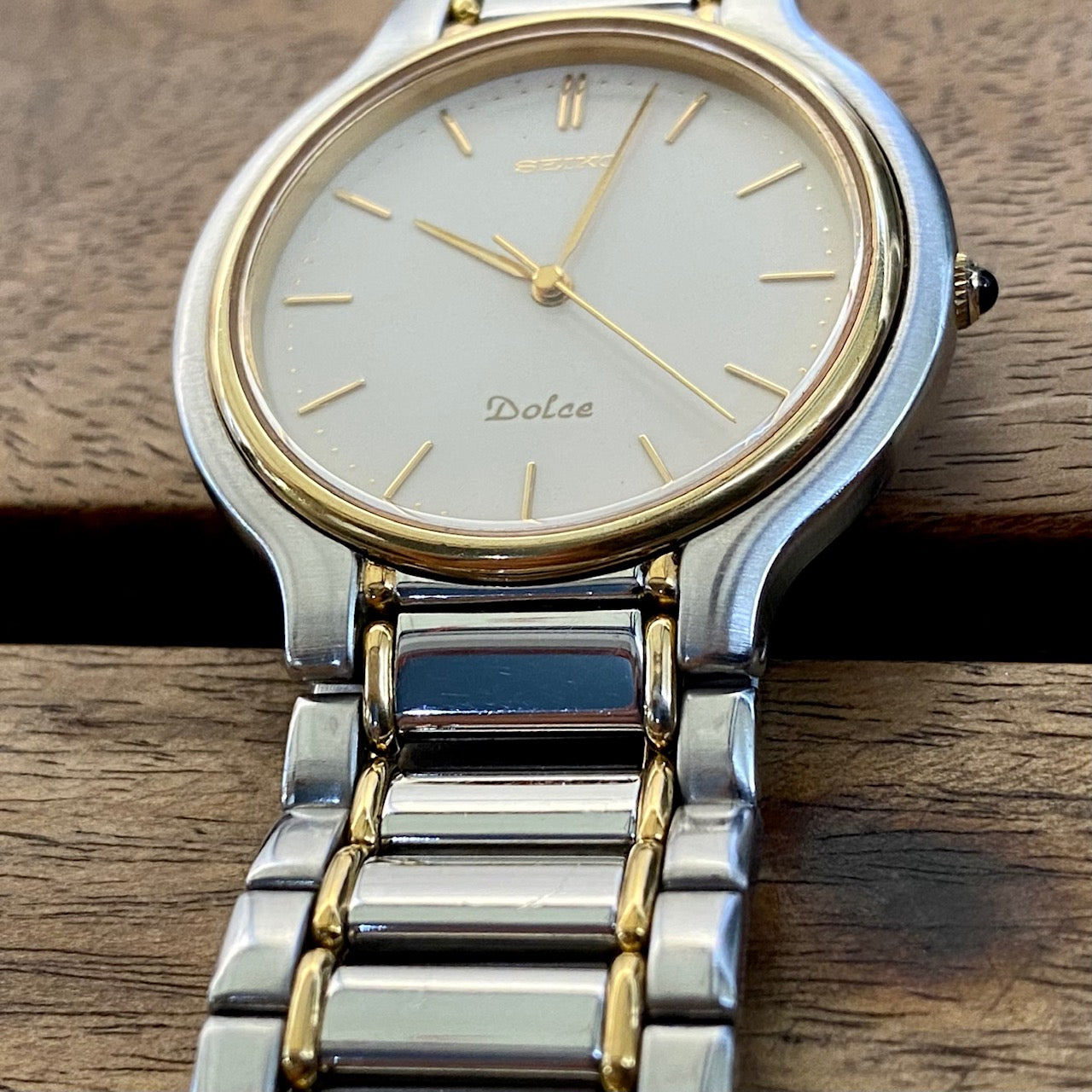 COMING SOON! Vintage June 1997 Seiko Dolce Quartz 7741-6050 2-Tone Tank with Ladder Bracelet and Black Sapphire Crown - Pre-order now!