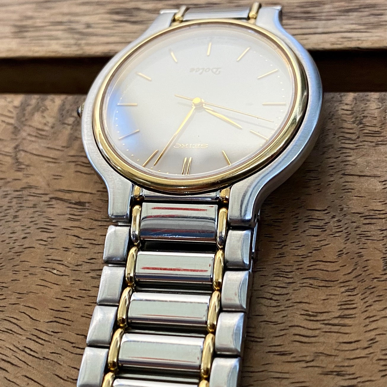 COMING SOON! Vintage June 1997 Seiko Dolce Quartz 7741-6050 2-Tone Tank with Ladder Bracelet and Black Sapphire Crown - Pre-order now!