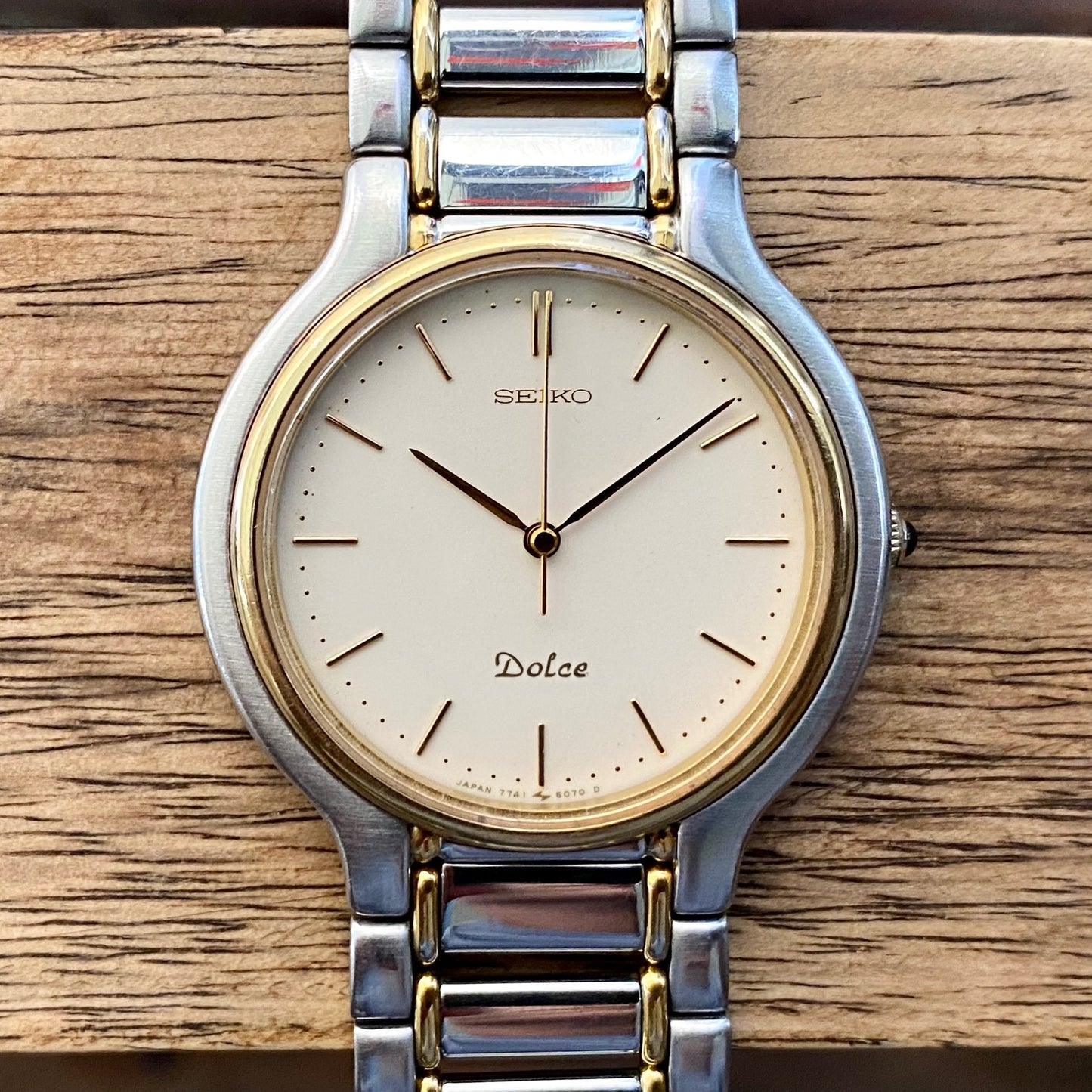 COMING SOON! Vintage June 1997 Seiko Dolce Quartz 7741-6050 2-Tone Tank with Ladder Bracelet and Black Sapphire Crown - Pre-order now!