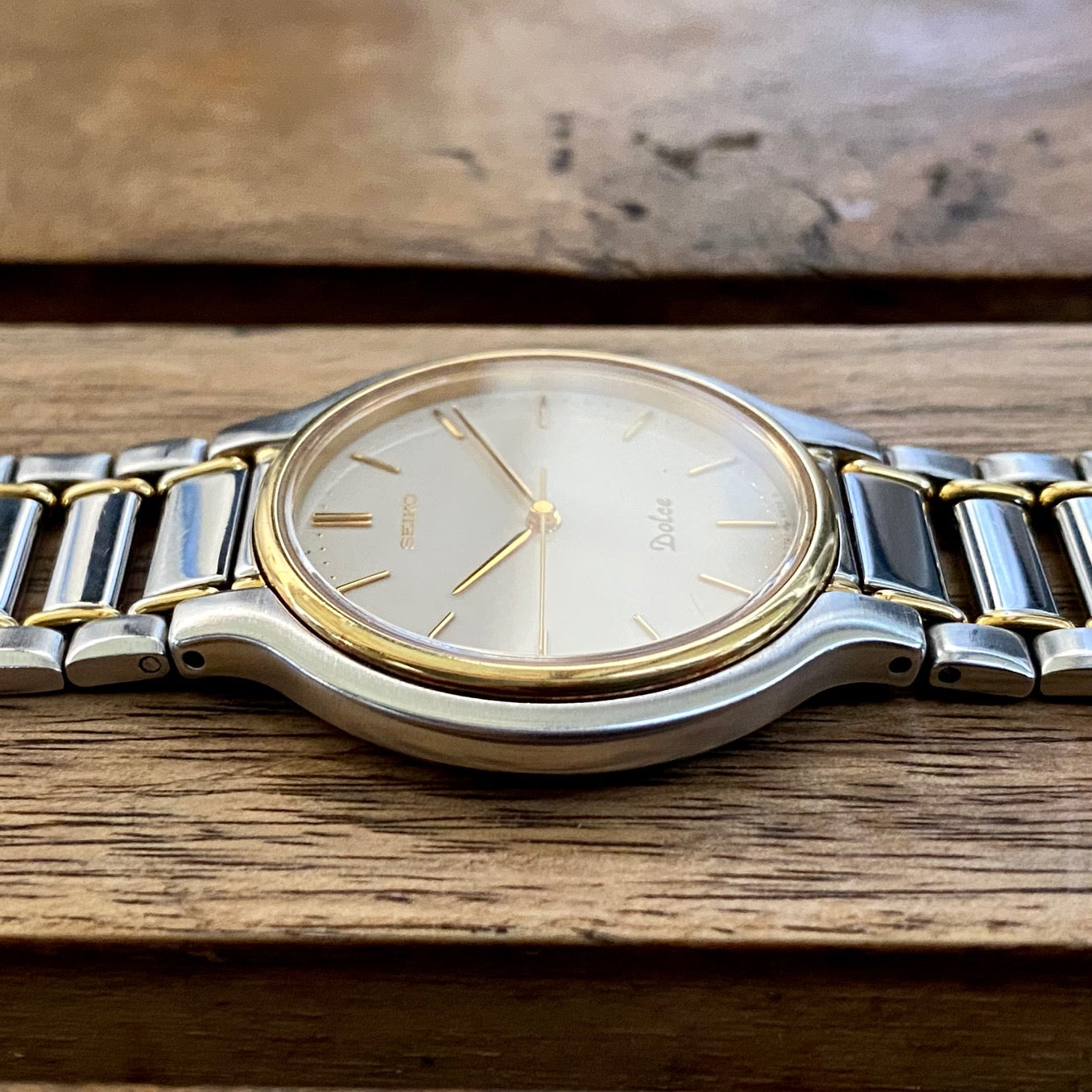 COMING SOON! Vintage June 1997 Seiko Dolce Quartz 7741-6050 2-Tone Tank with Ladder Bracelet and Black Sapphire Crown - Pre-order now!