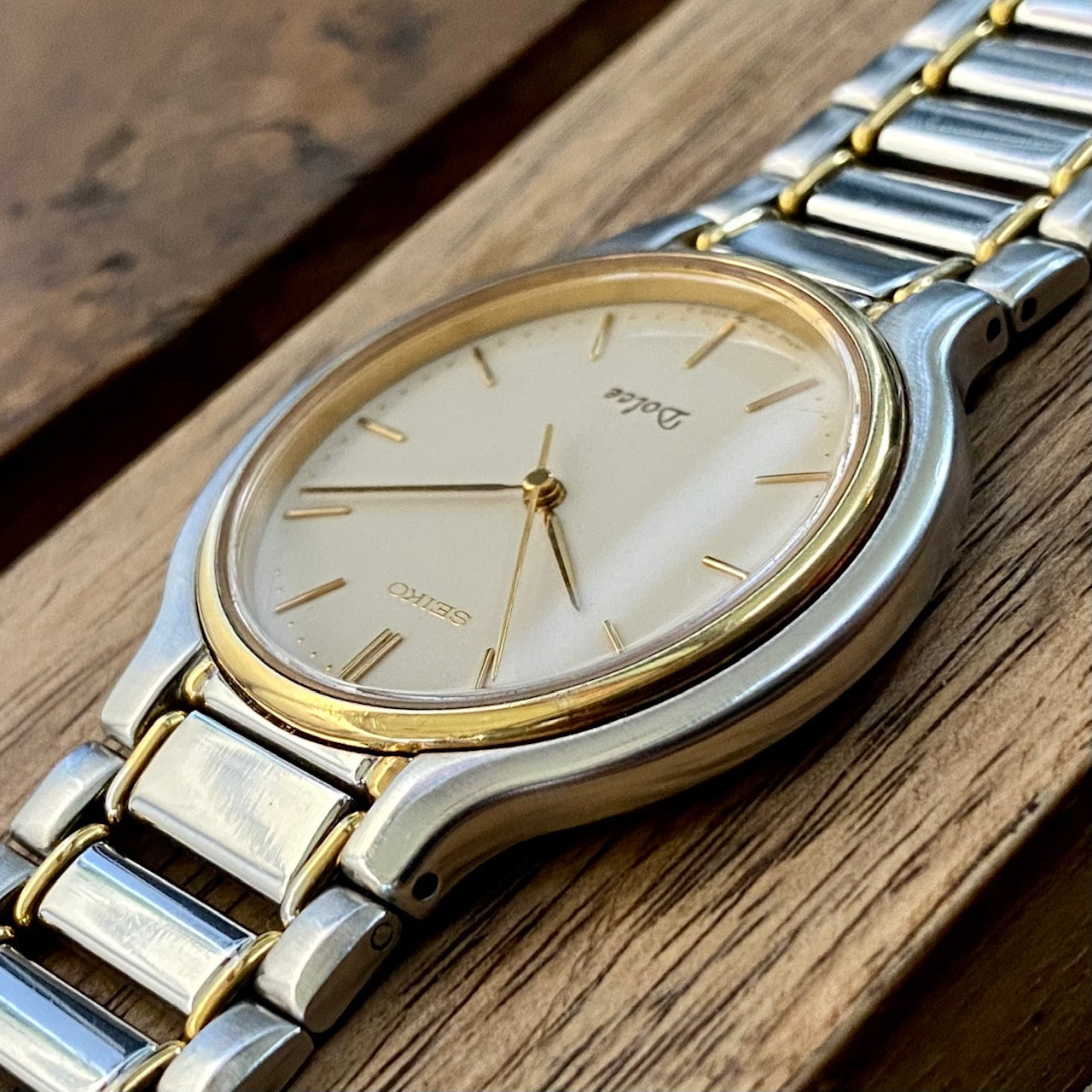 COMING SOON! Vintage June 1997 Seiko Dolce Quartz 7741-6050 2-Tone Tank with Ladder Bracelet and Black Sapphire Crown - Pre-order now!