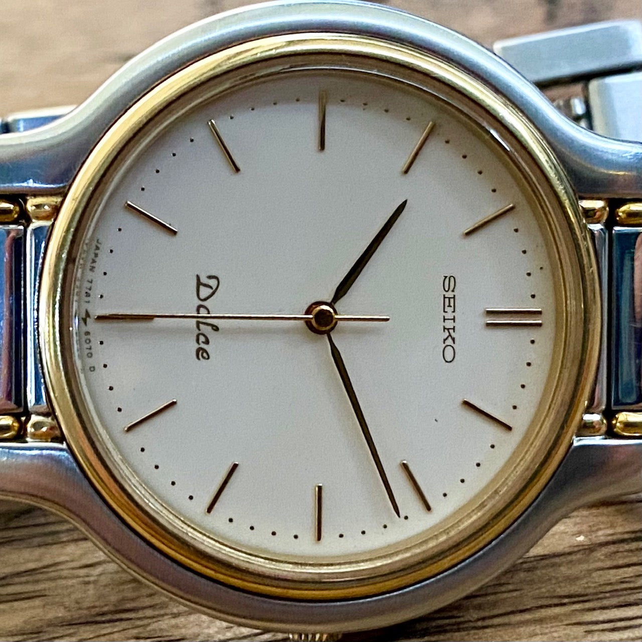 COMING SOON! Vintage June 1997 Seiko Dolce Quartz 7741-6050 2-Tone Tank with Ladder Bracelet and Black Sapphire Crown - Pre-order now!