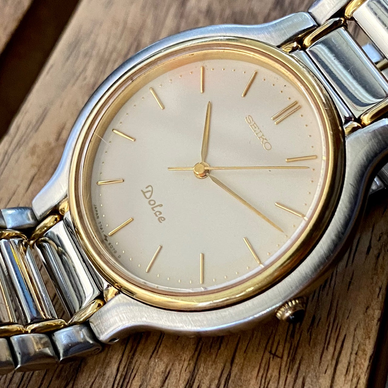 COMING SOON! Vintage June 1997 Seiko Dolce Quartz 7741-6050 2-Tone Tank with Ladder Bracelet and Black Sapphire Crown - Pre-order now!
