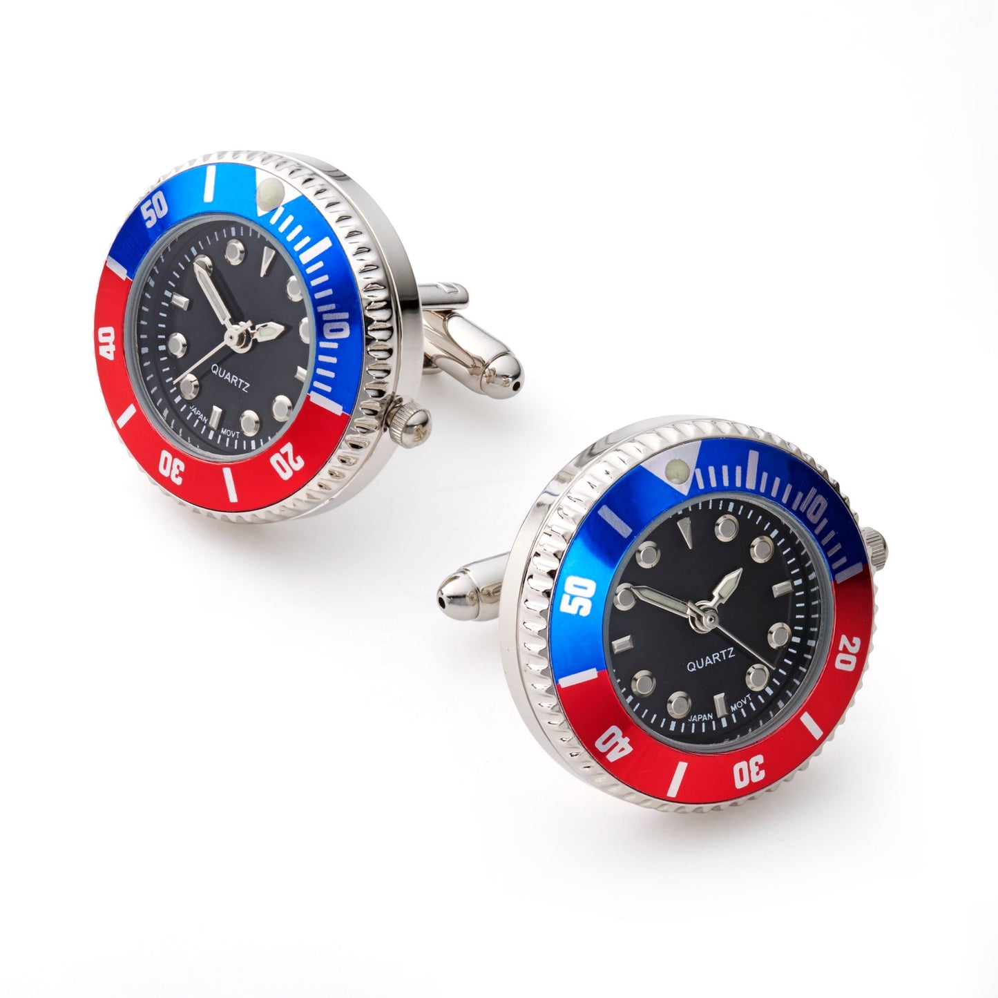 Mini Quartz Watch Cufflinks, Fully Working, Blue and Red Benson & Clegg