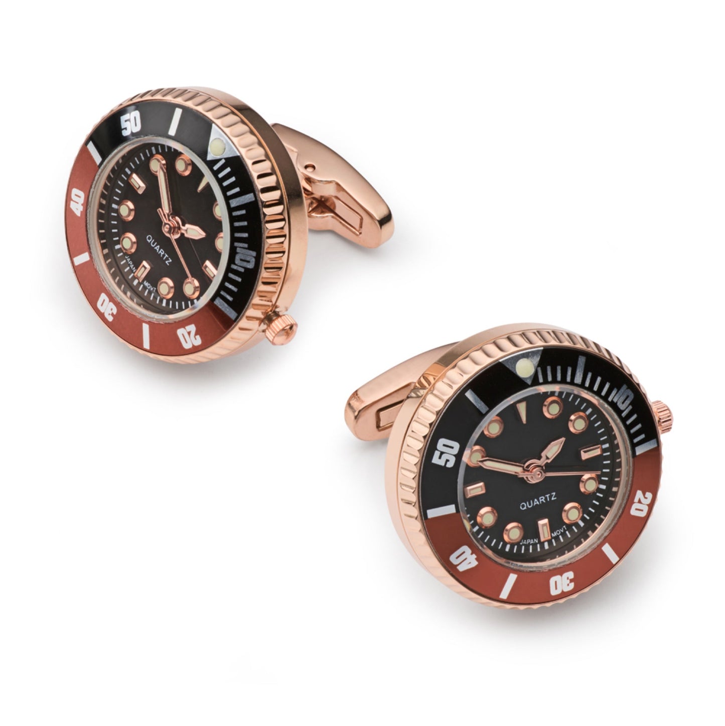 Mini Quartz Watch Cufflinks, Fully Working, Rose Gold & Black