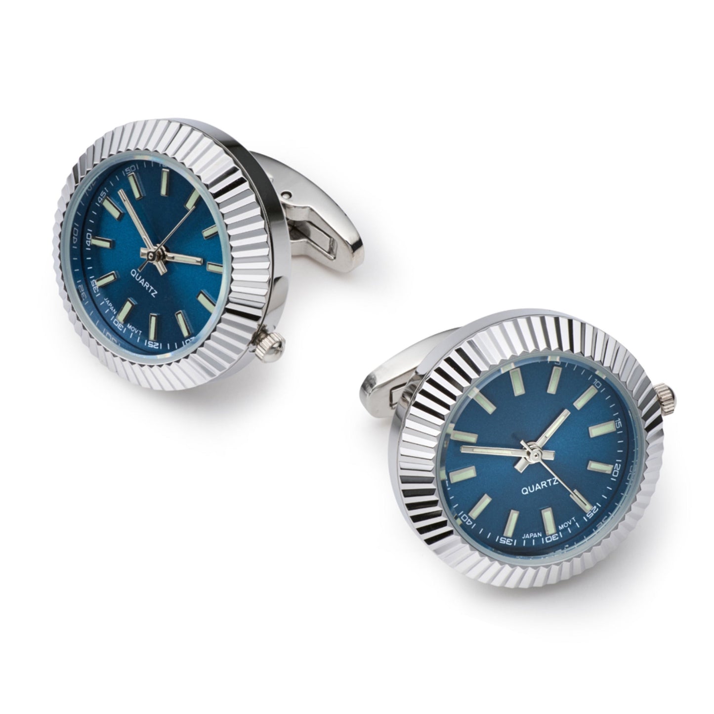 Mini Quartz Watch Cufflinks, Fully Working, Silver and Blue