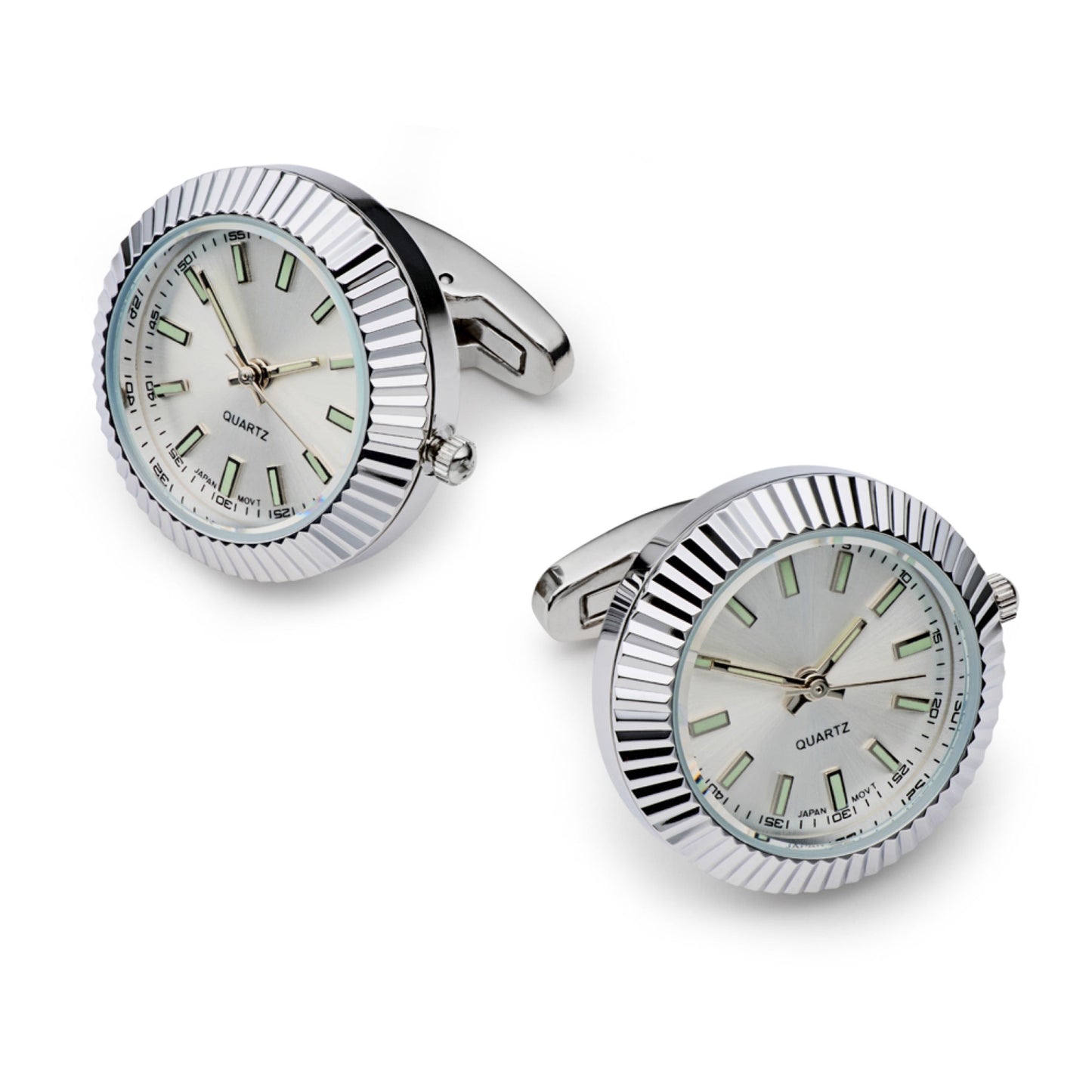 Mini Quartz Watch Cufflinks, Fully Working, Silver & White
