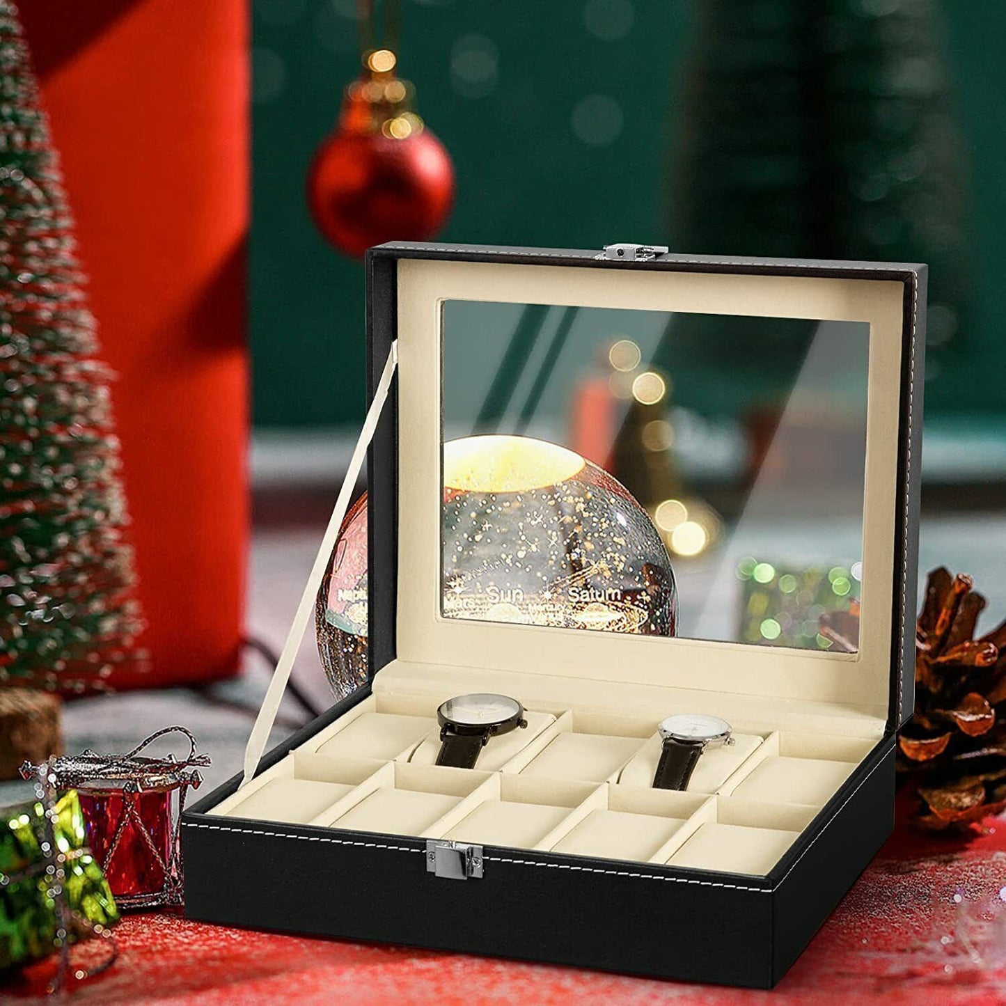 10 Slot Watch Display Grid Box Lockable Case Faux Leather Jewelry Storage Organiser