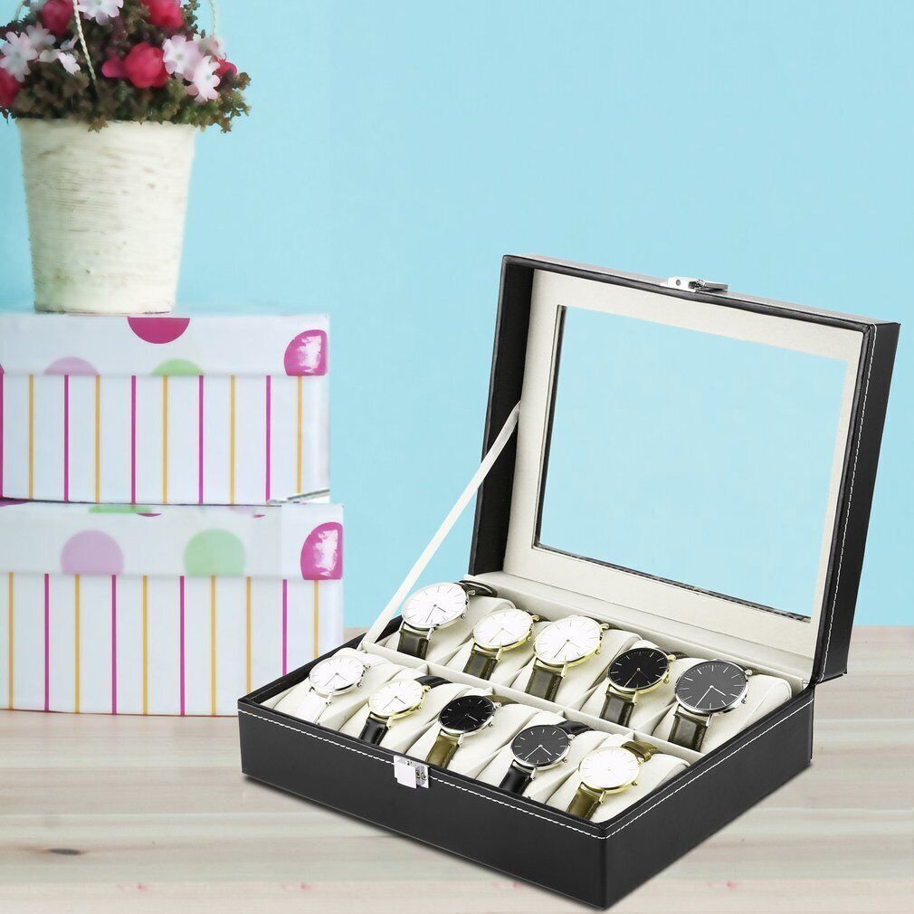 10 Slot Watch Display Grid Box Lockable Case Faux Leather Jewelry Storage Organiser