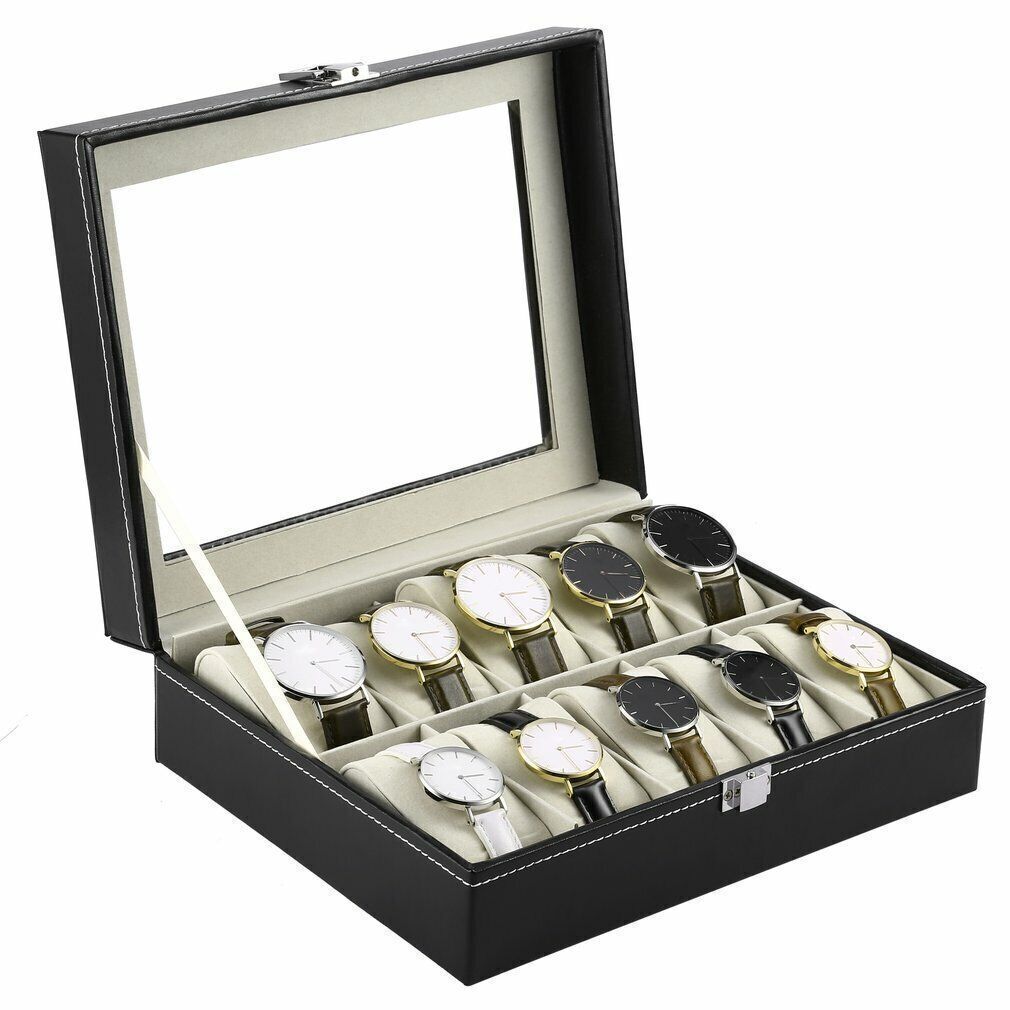 10 Slot Watch Display Grid Box Lockable Case Faux Leather Jewelry Storage Organiser