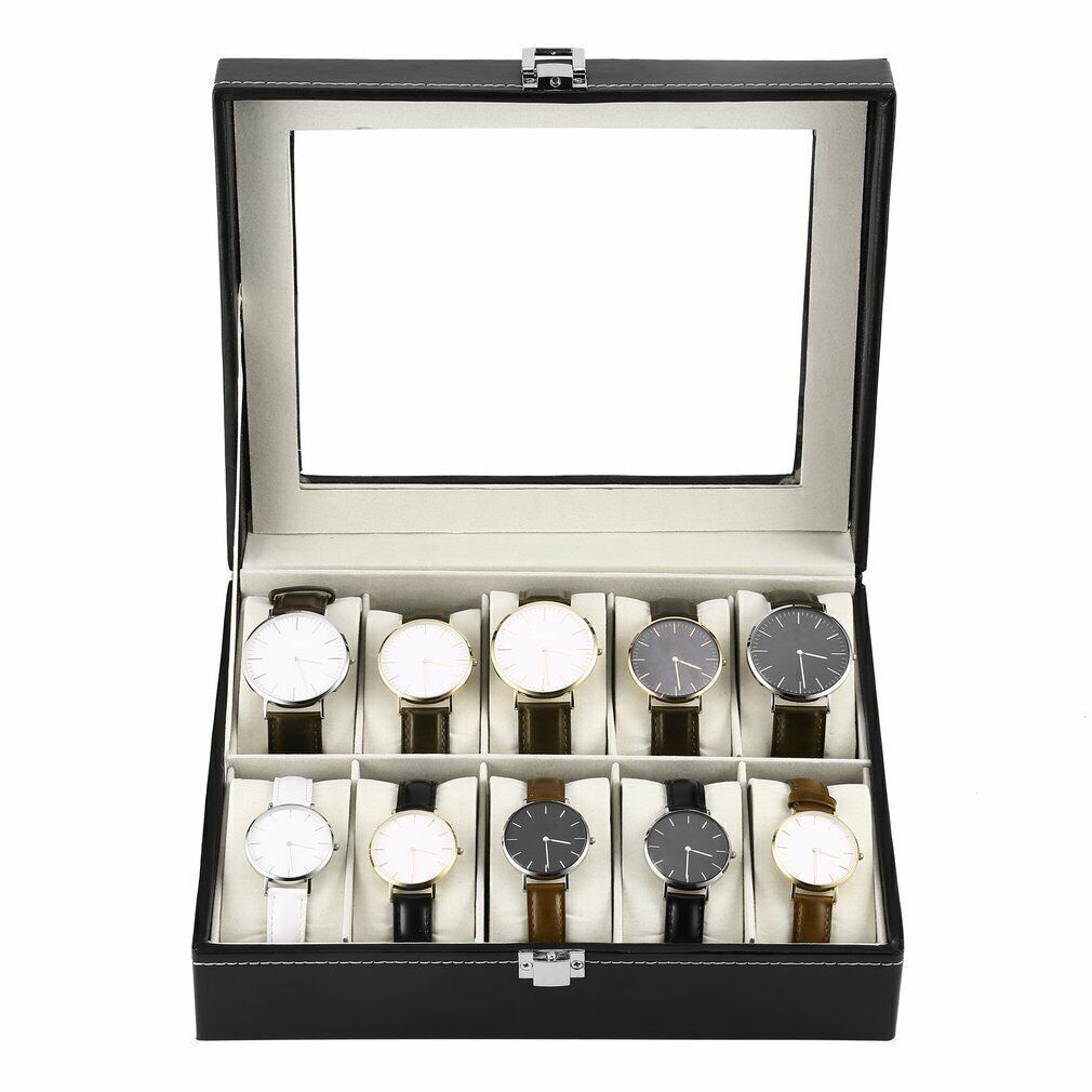 10 Slot Watch Display Grid Box Lockable Case Faux Leather Jewelry Storage Organiser