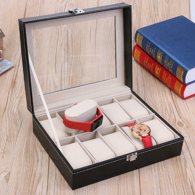 10 Slot Watch Display Grid Box Lockable Case Faux Leather Jewelry Storage Organiser