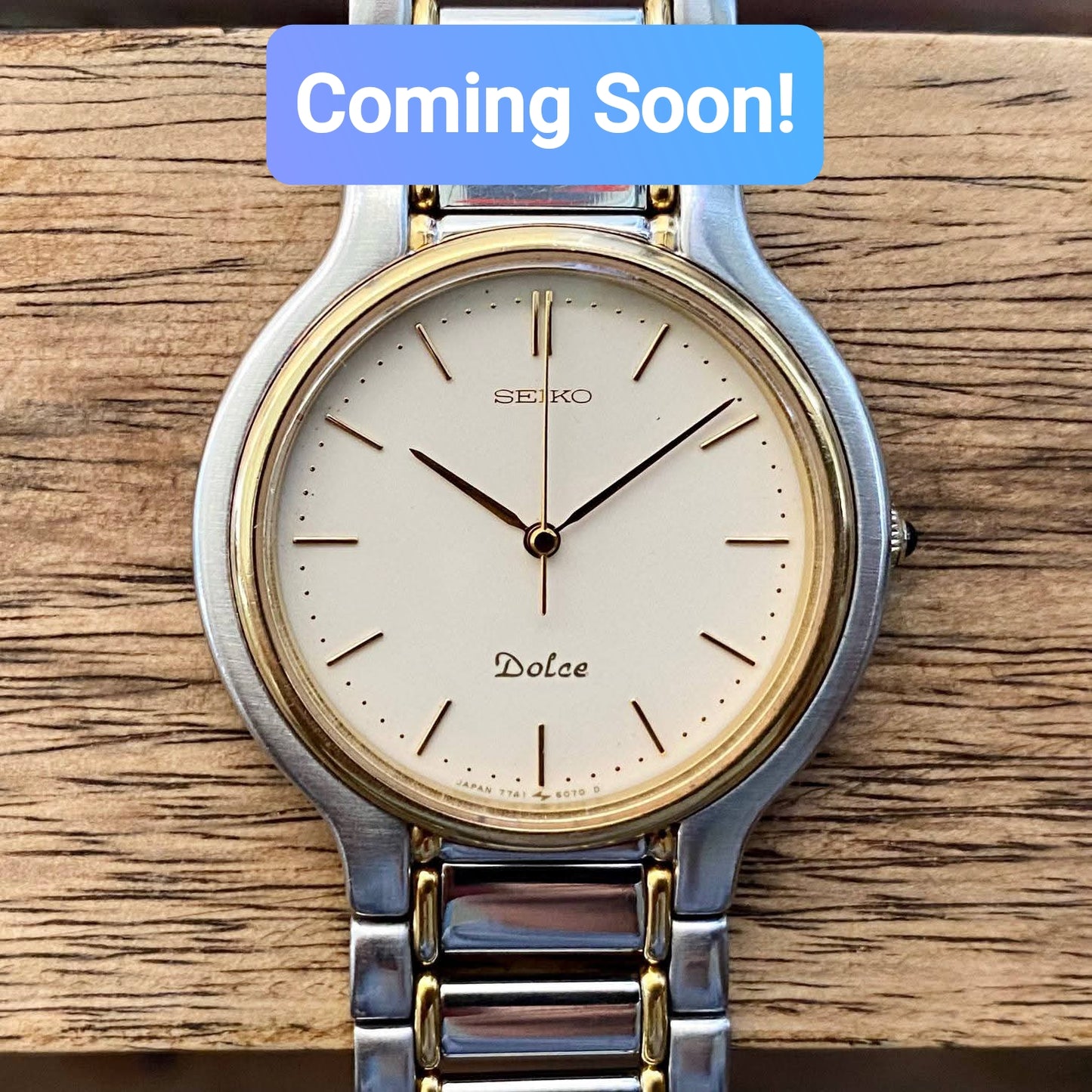 COMING SOON! Vintage June 1997 Seiko Dolce Quartz 7741-6050 2-Tone Tank with Ladder Bracelet and Black Sapphire Crown - Pre-order now!