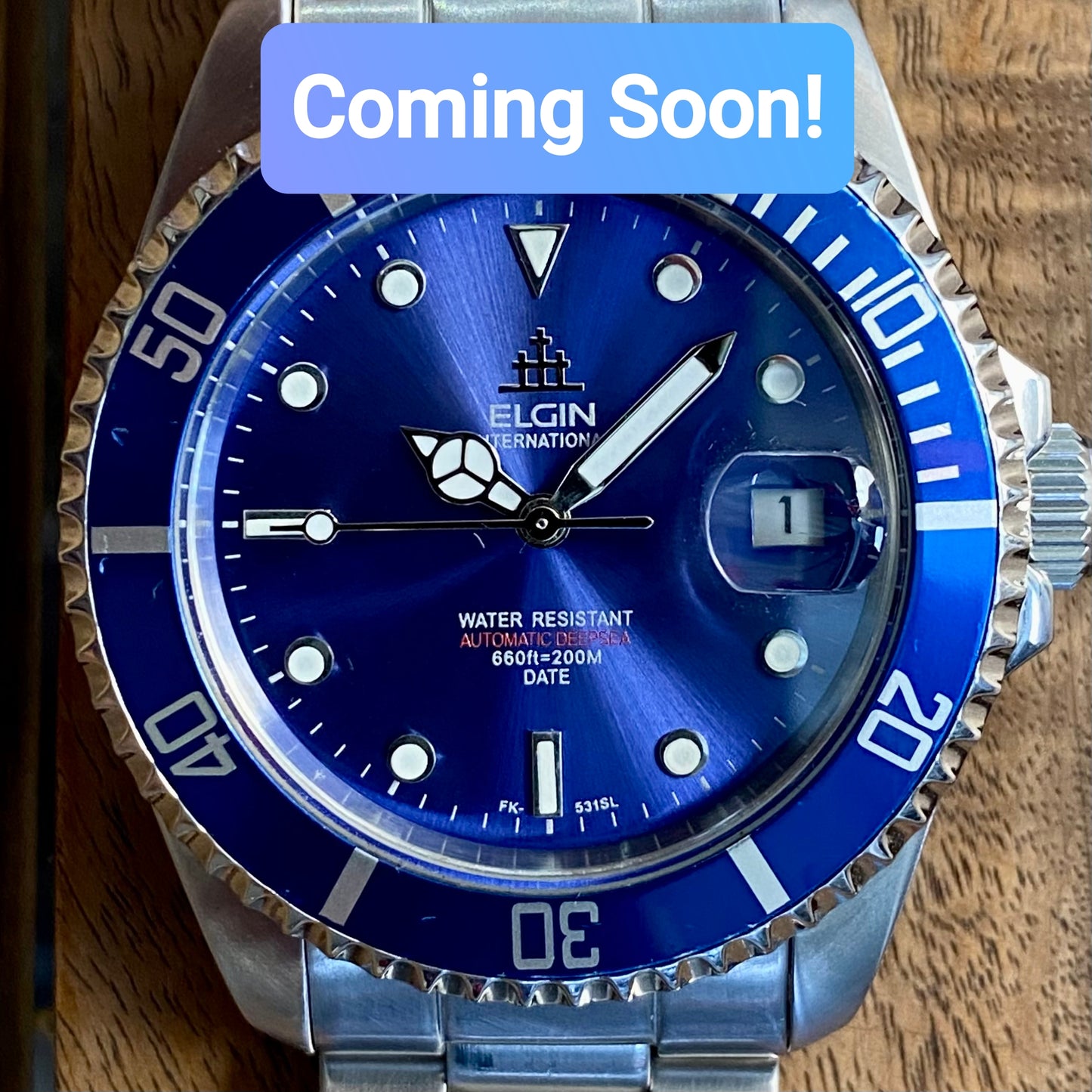 COMING SOON! SERVICED Vintage May 1990 Elgin Treasure International Deep Sea FK-531N-SL Blue Automatic Diving Watch Rotating Bezel and Original Bracelet - PRE-ORDER NOW!