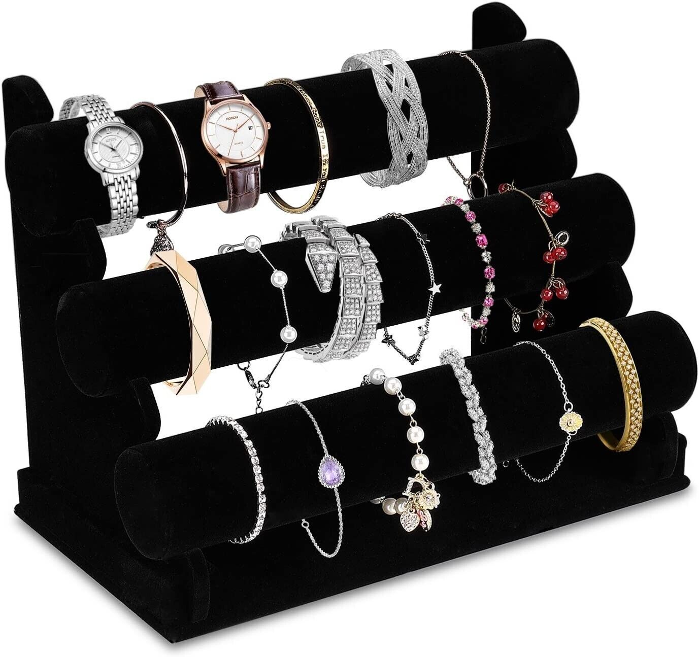 Velvet 3 Tier Jewellery Display Stand Organizer -  Watch Holder