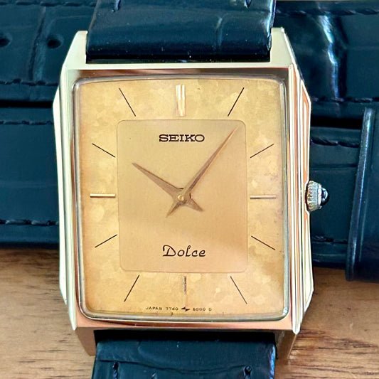 Vintage Seiko Quartz Dolce 7740-5000 Gold Flake, January 1987 UK VINTAGE WATCH LTD