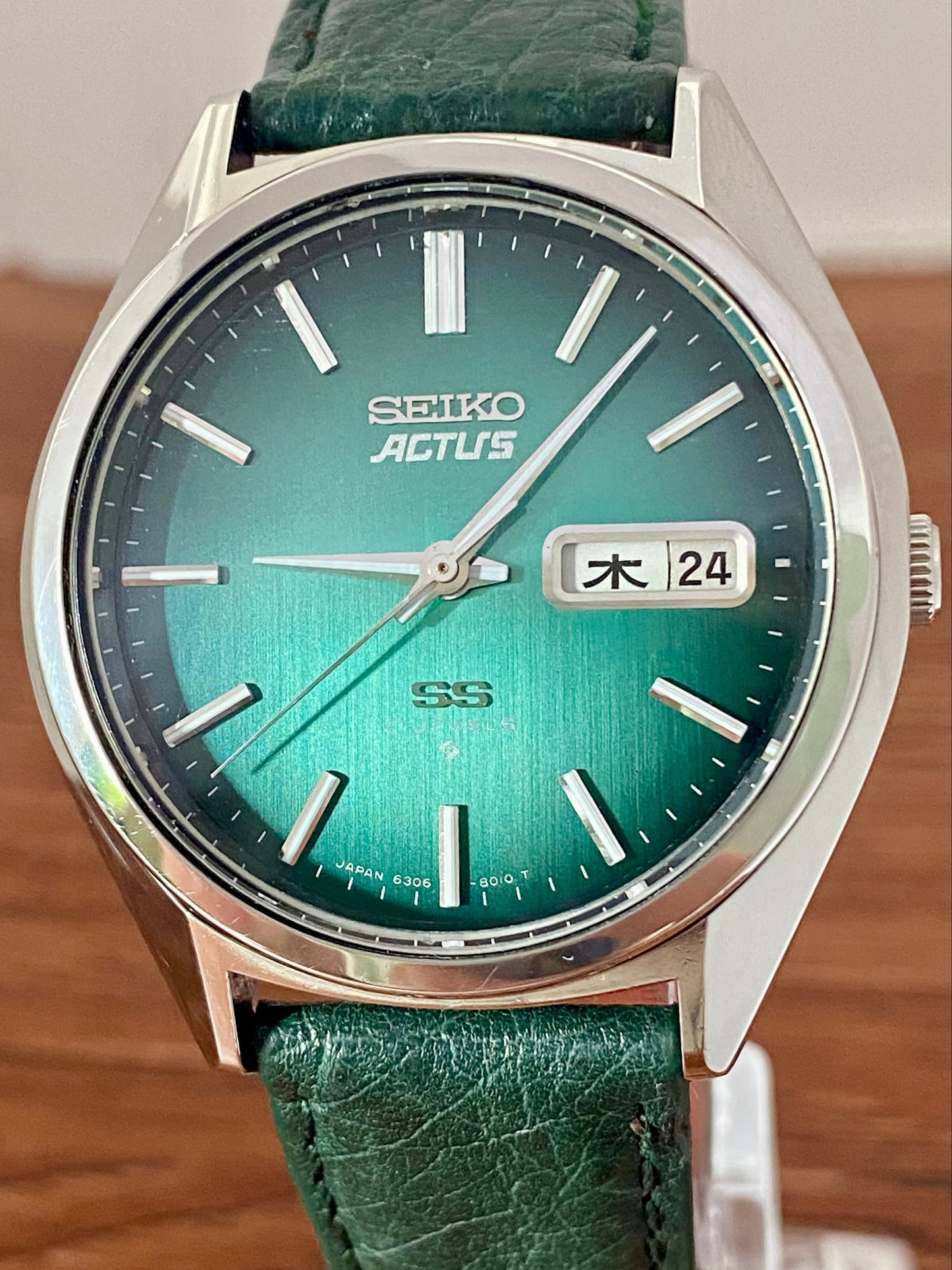 Vintage Seiko Actus SS 6306-8020 SERVICED Auto, Green, September 1976 UK VINTAGE WATCH LTD
