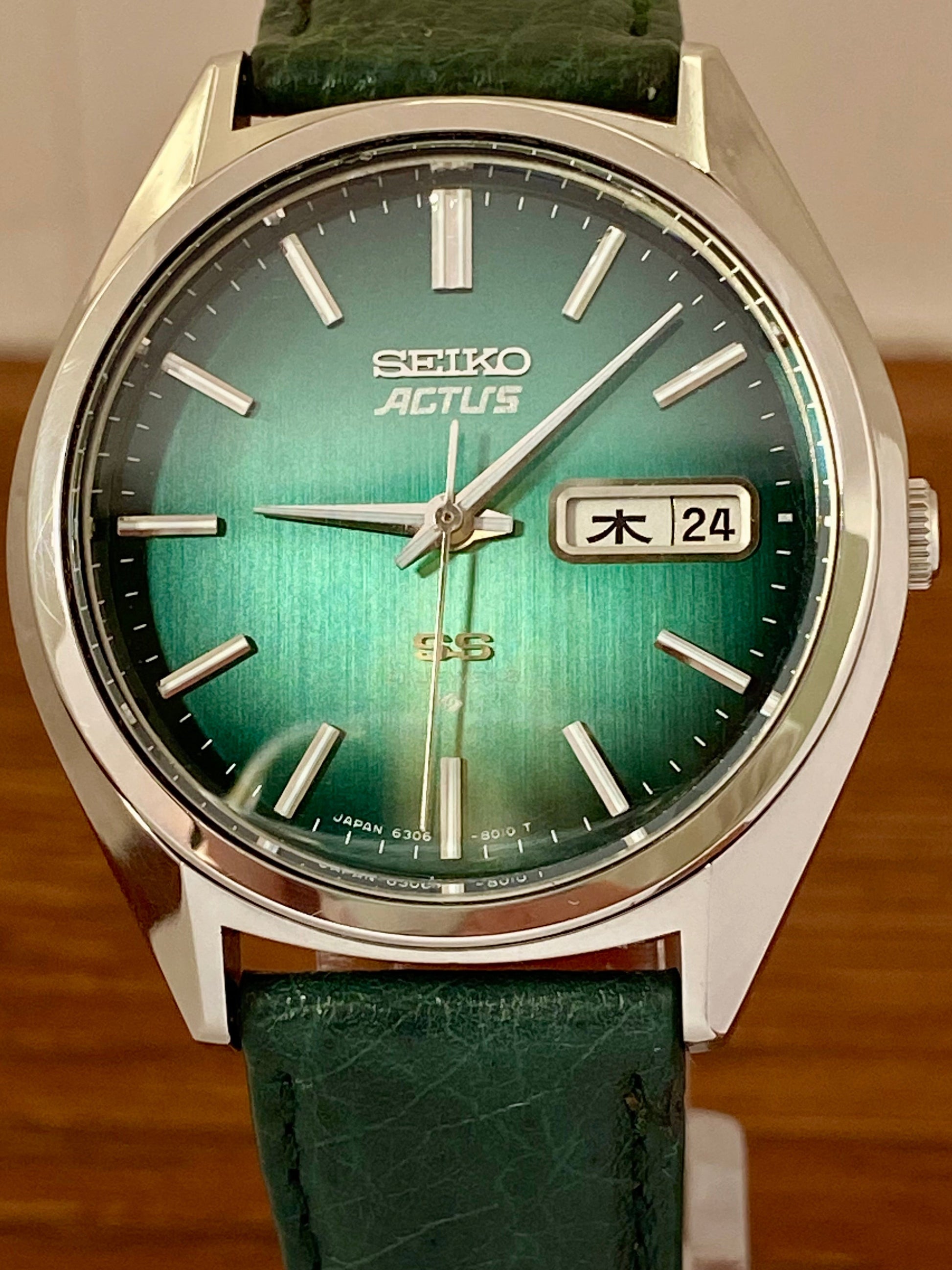 Vintage Seiko Actus SS 6306-8020 SERVICED Auto, Green, September 1976 UK VINTAGE WATCH LTD