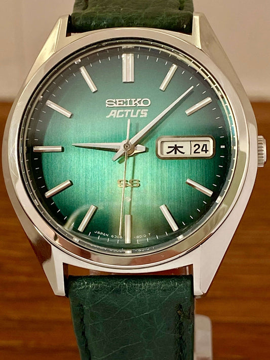Vintage Seiko Actus SS 6306-8020 SERVICED Auto, Green, September 1976 UK VINTAGE WATCH LTD