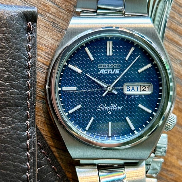 Vintage Seiko Actus Silver Wave 6306-8010 Blue Waffle Dial