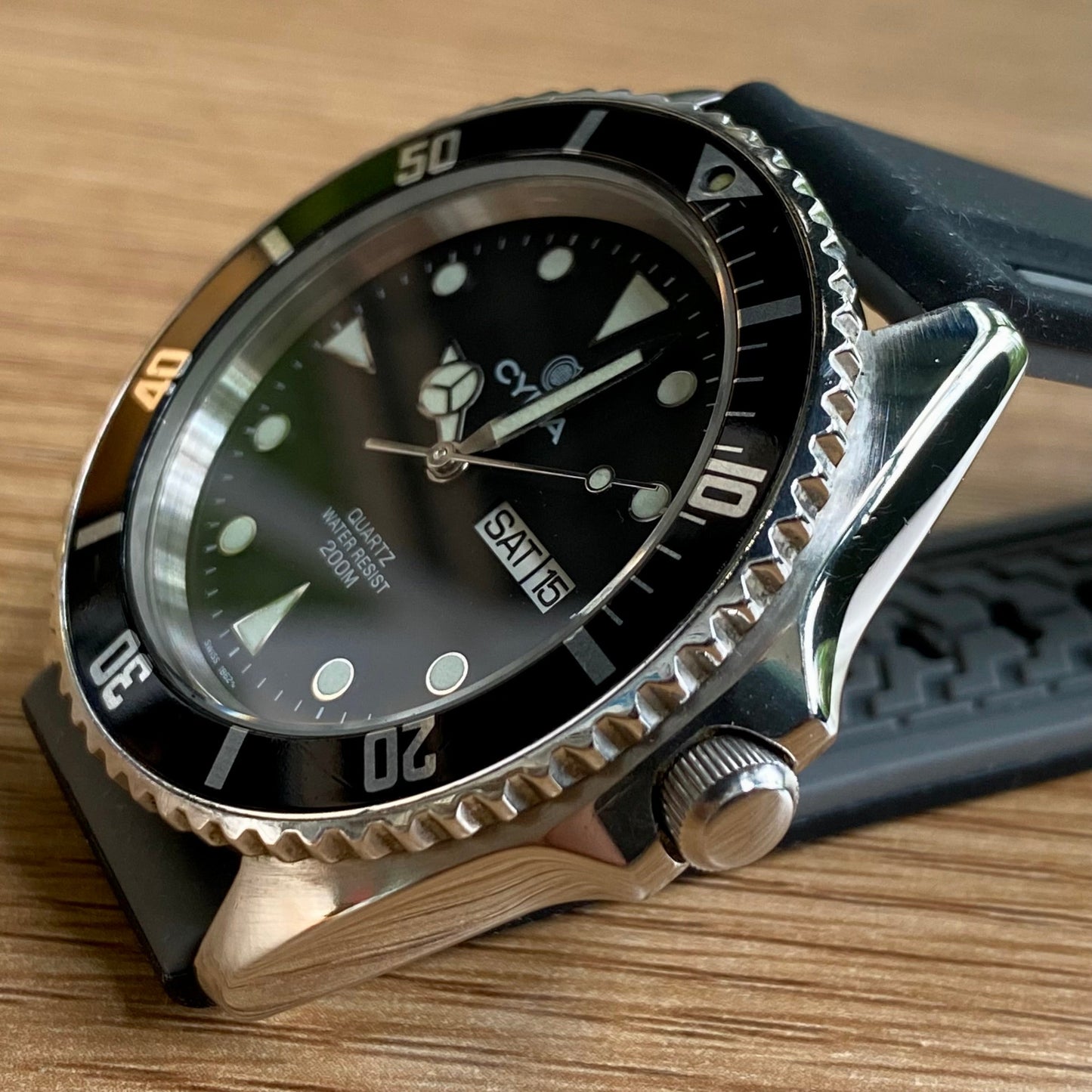 Vintage Cyma Quartz Dive Watch 43mm “Baby Submariner” Ref. 9111 ETA 955.422 UK VINTAGE WATCH LTD